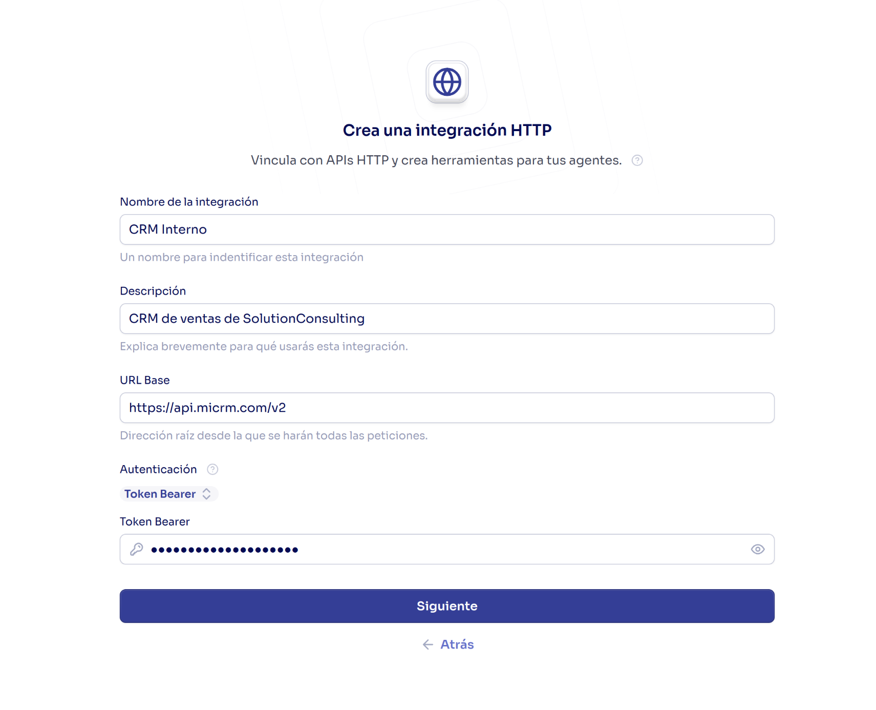 HTTP integration creation screen showing name, base URL, and credentials fields