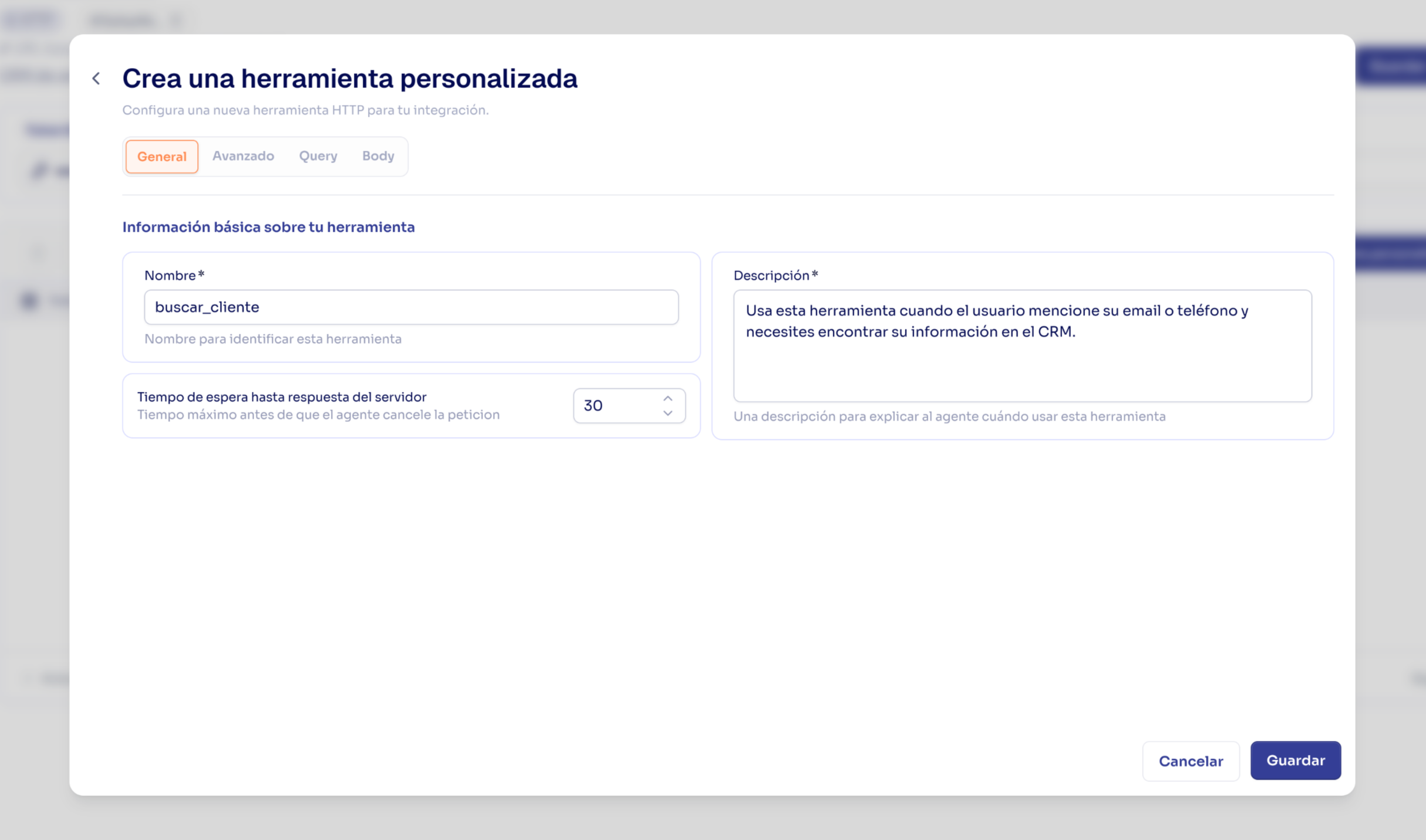 HTTP tool creation screen showing name, description, method, and endpoint fields