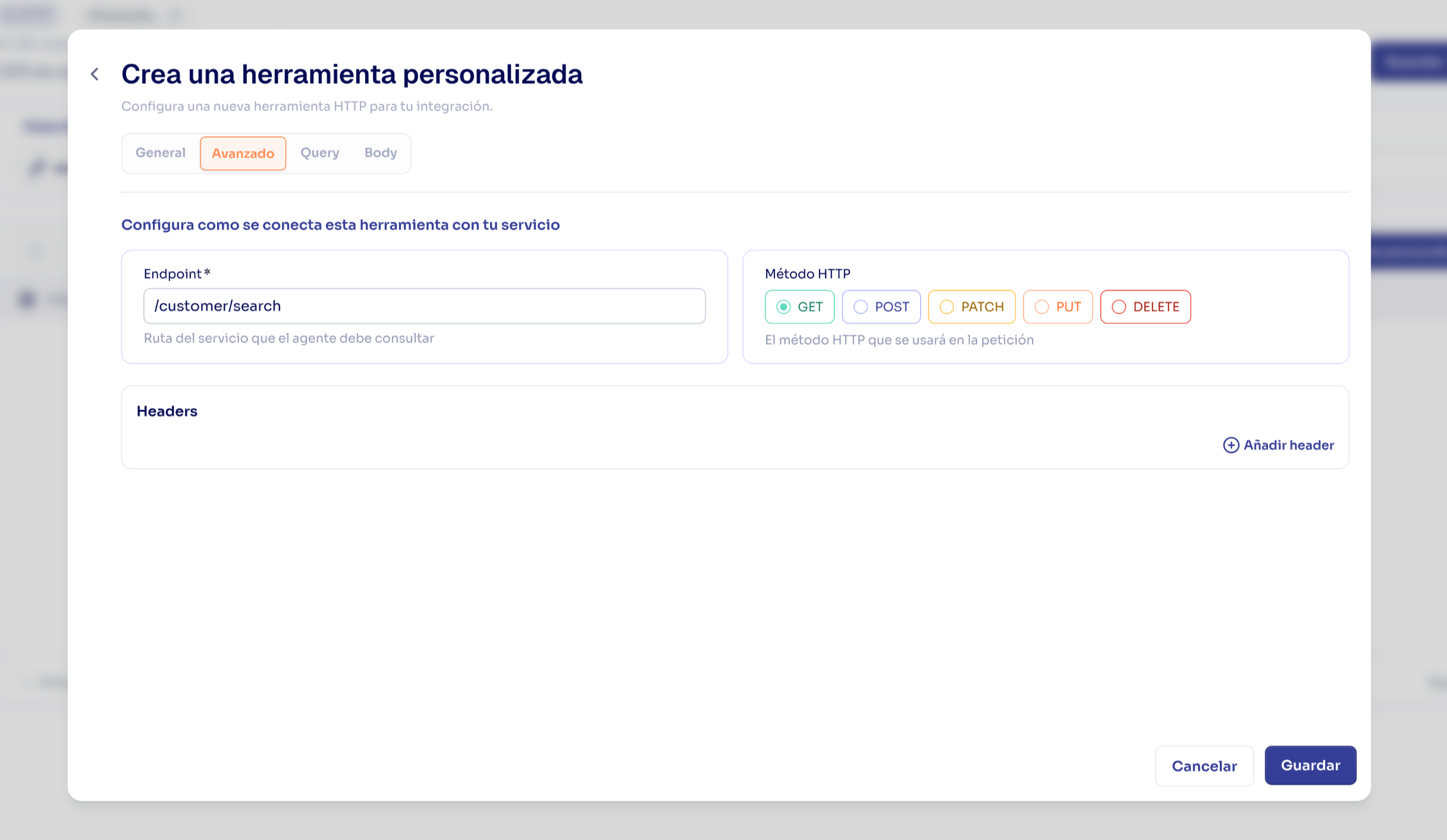 HTTP endpoint and method configuration for the search customer tool