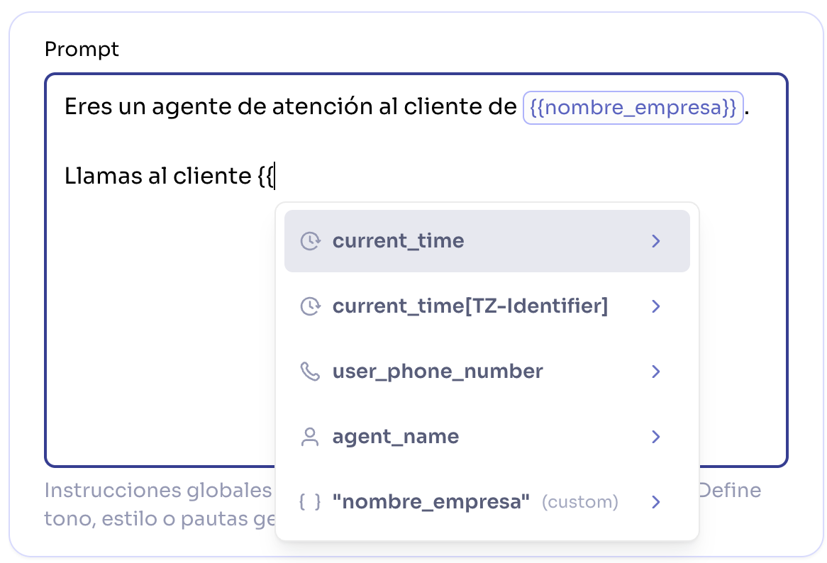 Panel de prueba de variables dinámicas