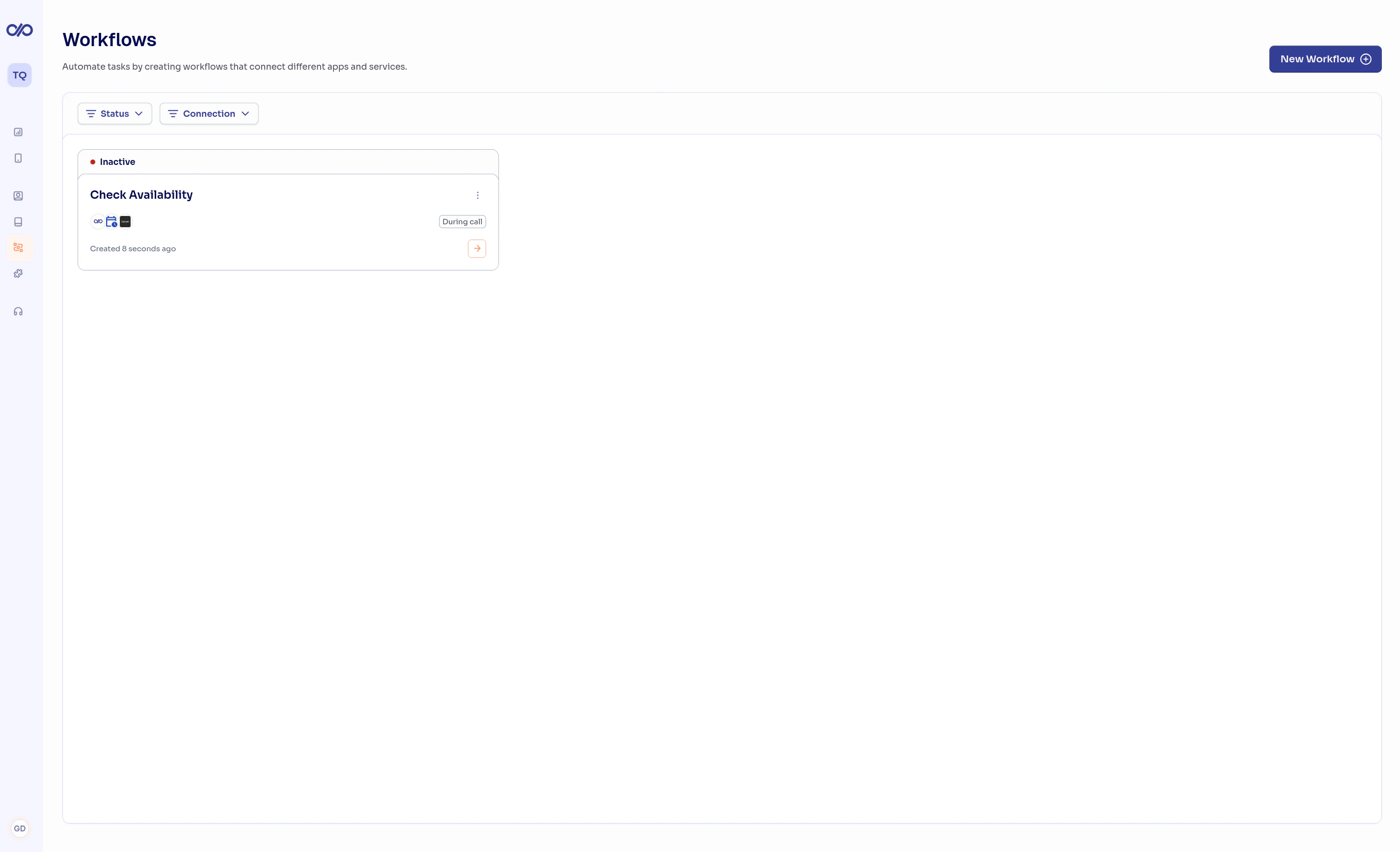 Workflow list in the dashboard