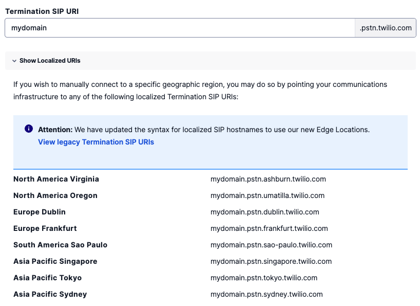 Captura de pantalla de las URIs de terminación de Twilio