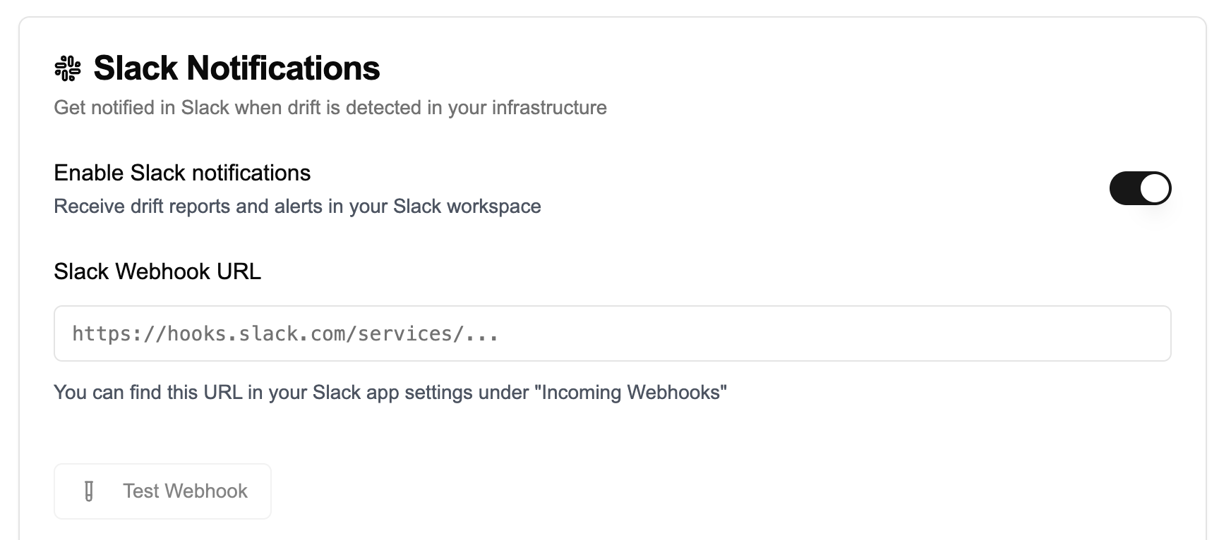 Slack webhook configuration in drift settings
