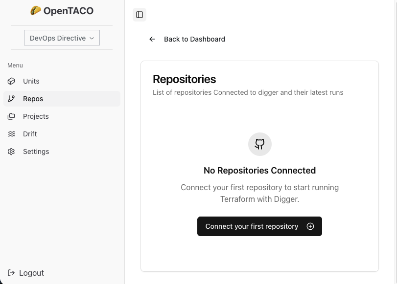 OpenTaco dashboard after signup