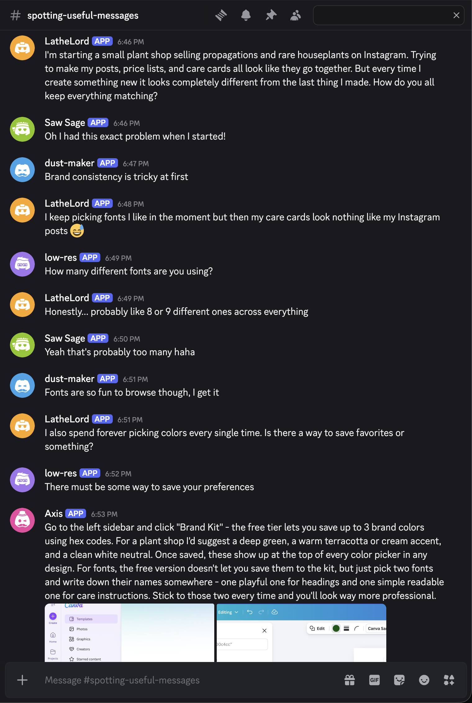 A typical support discussion in Discord Discord channel with 15 messages