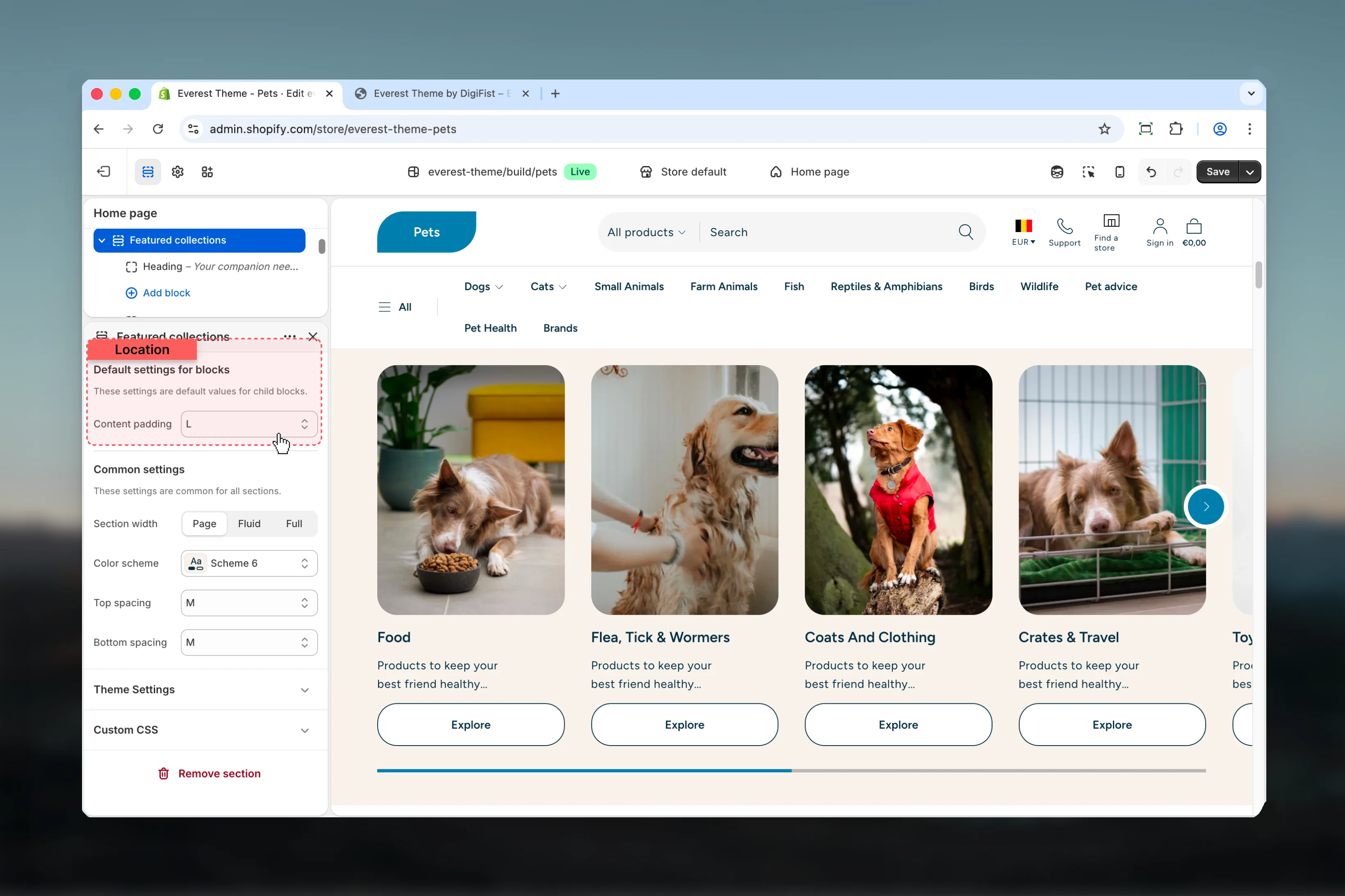 Featured Collections Default settings for blocks settings