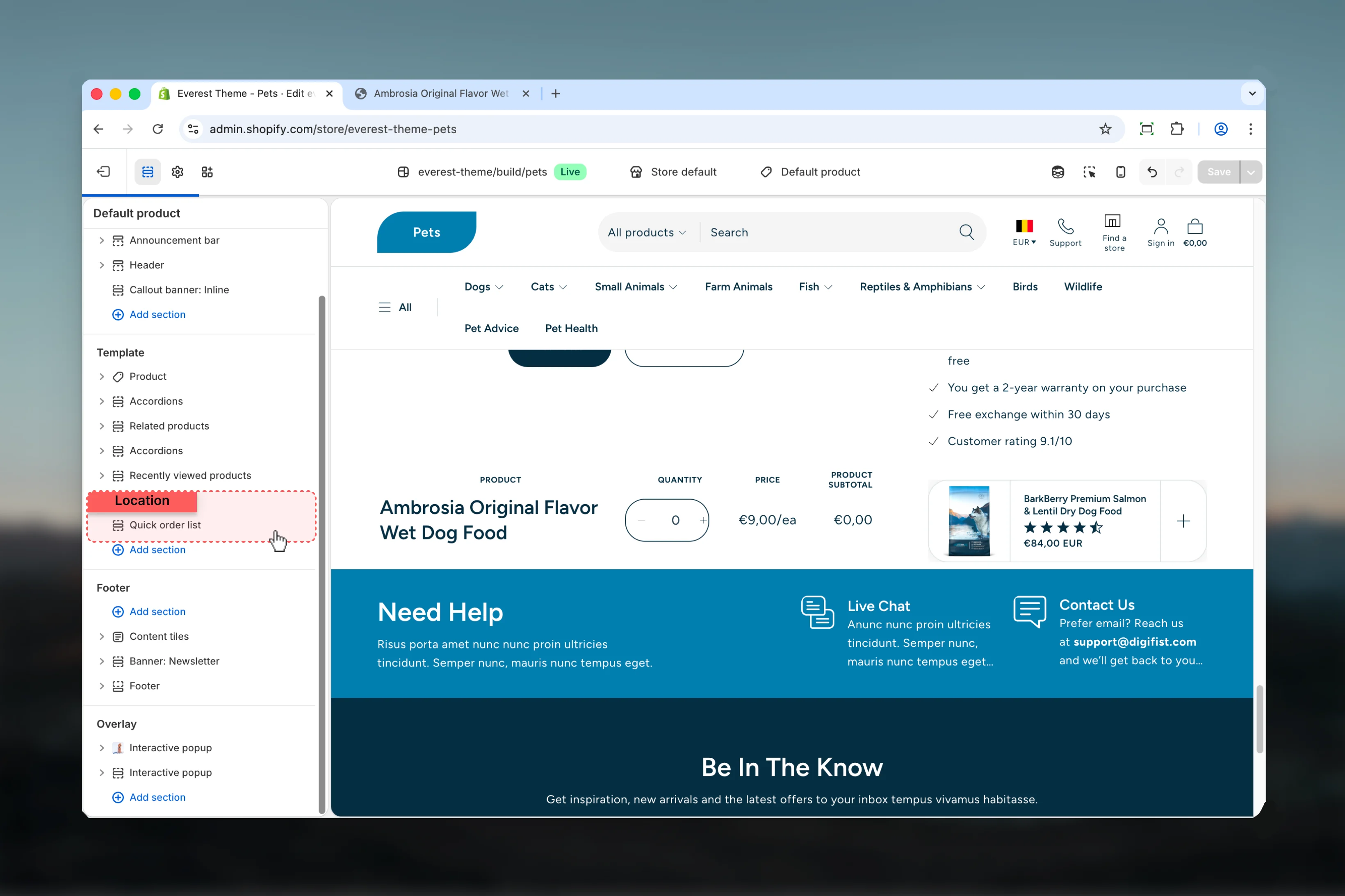 Quick Order List location in Theme Customizer