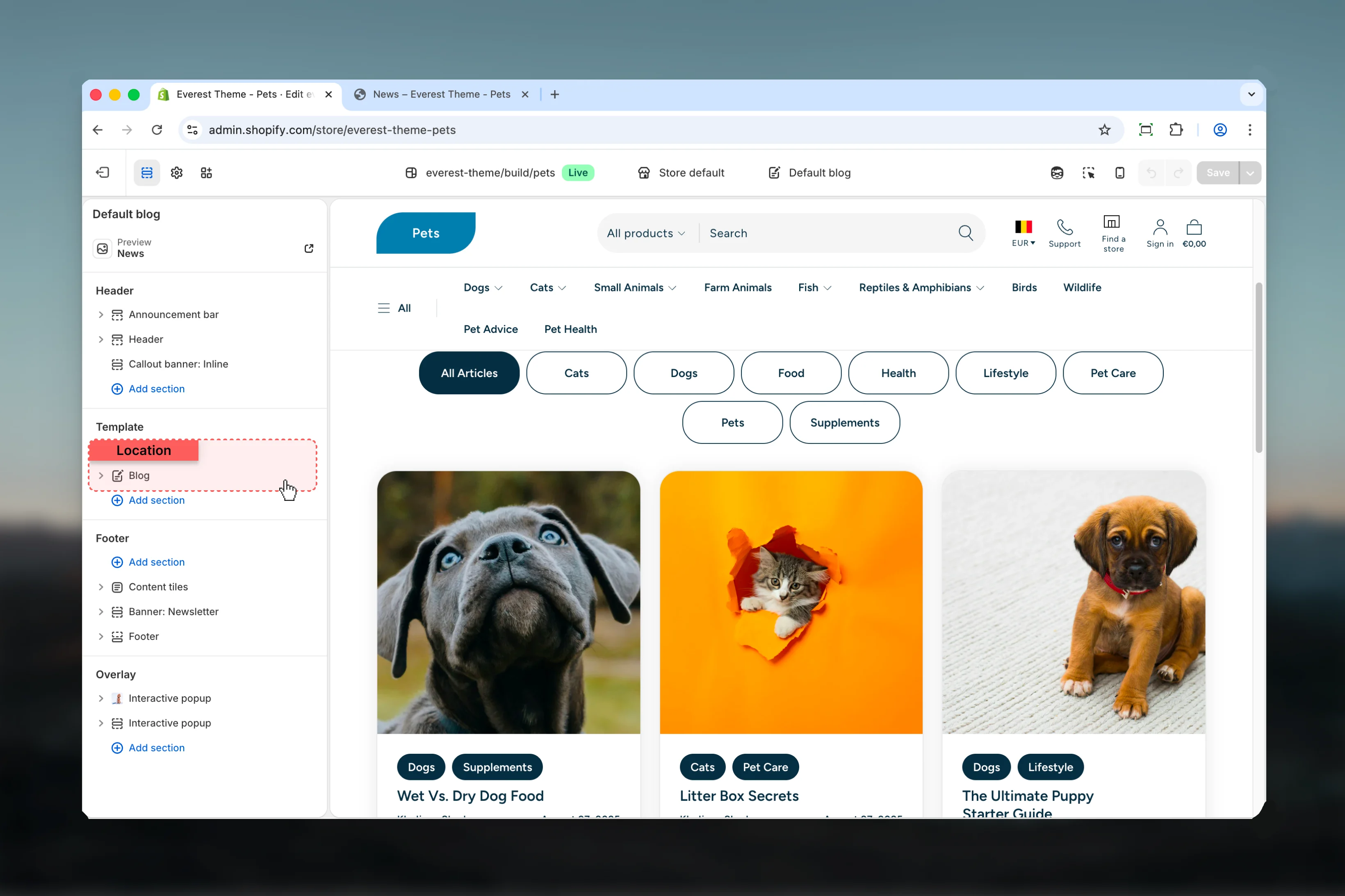 Blogs location in Theme Customizer
