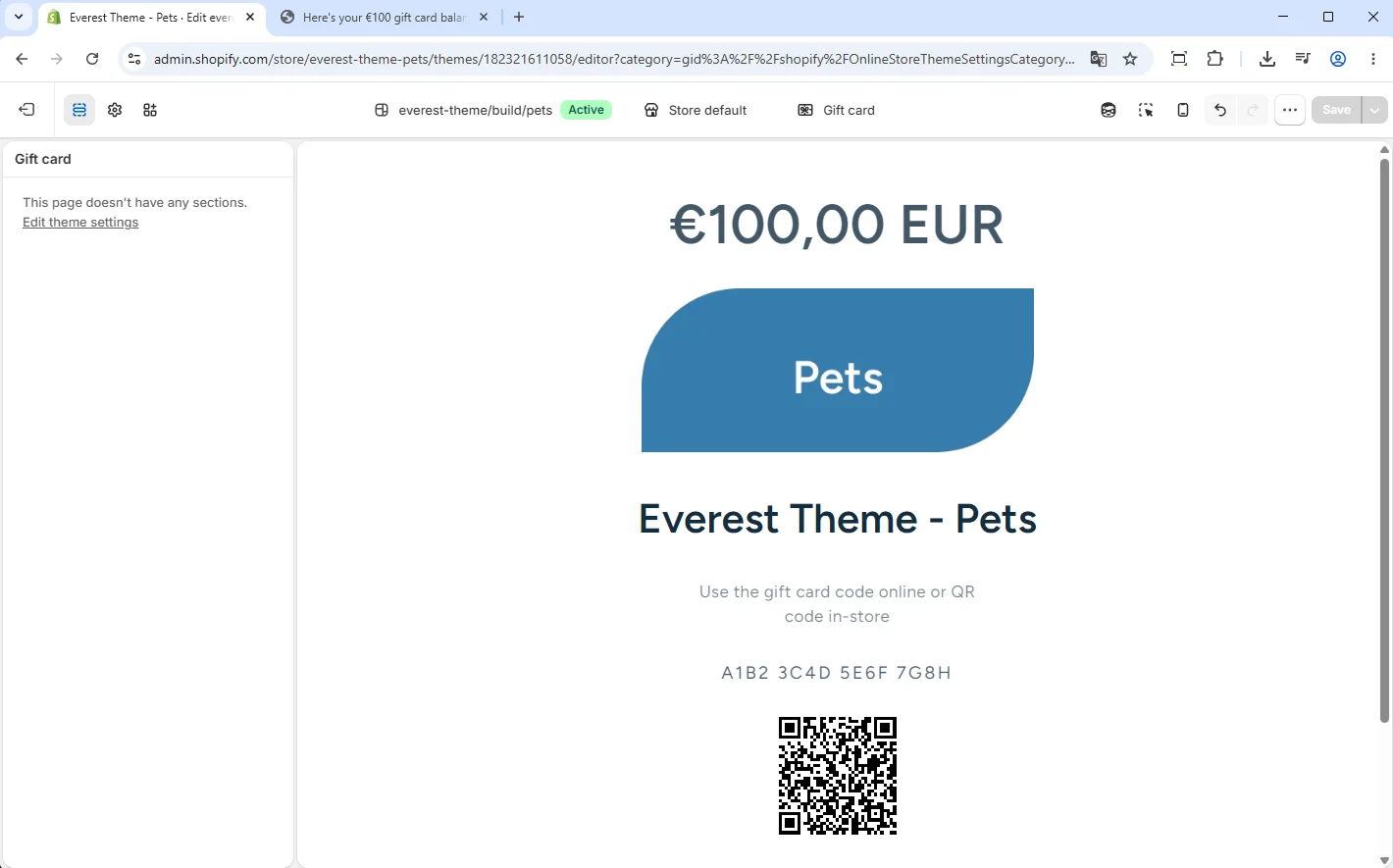 Gift Card location in Theme Customizer