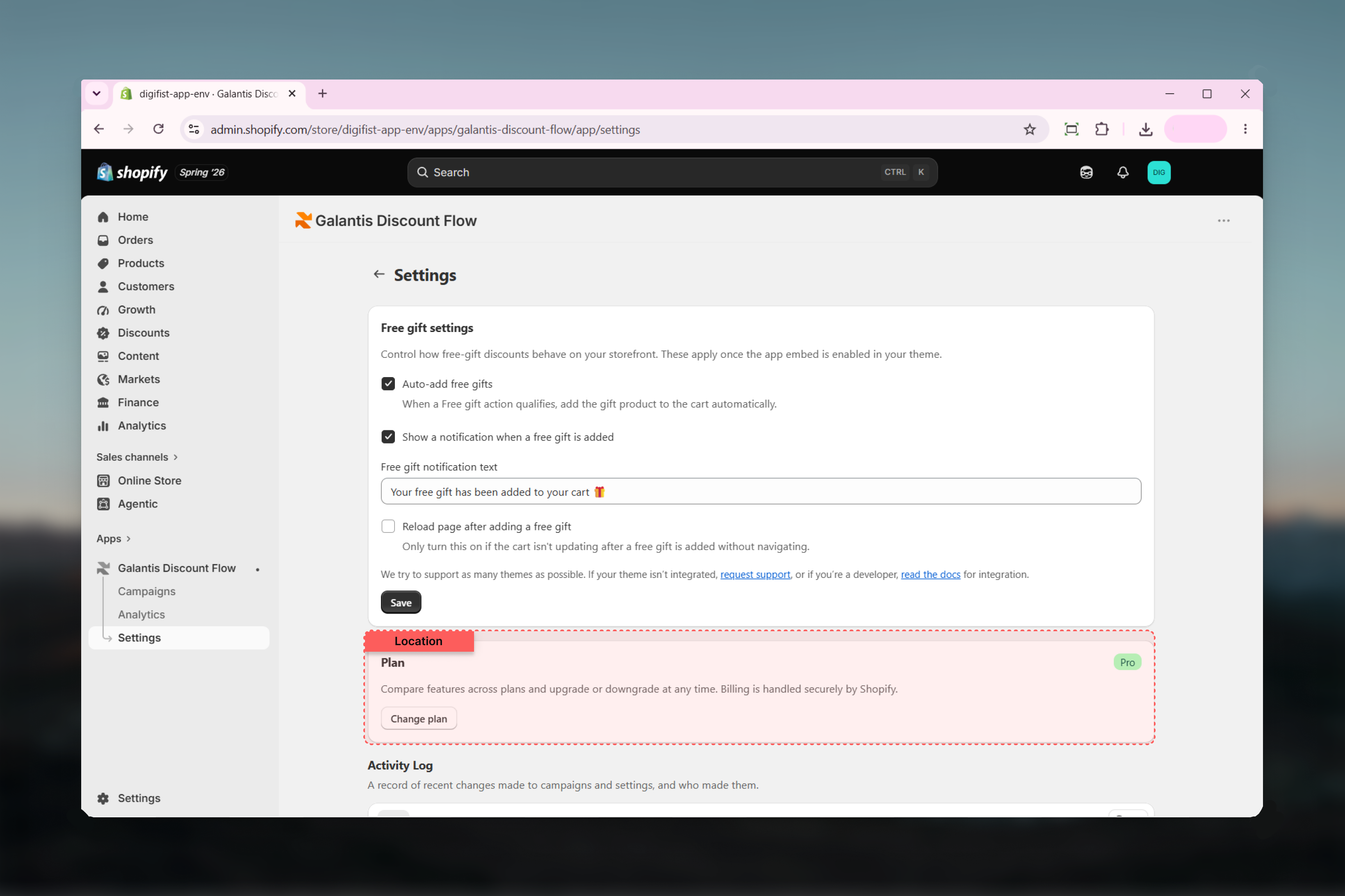 The Plan card in Galantis Discount Flow Settings showing the current plan and Change plan button