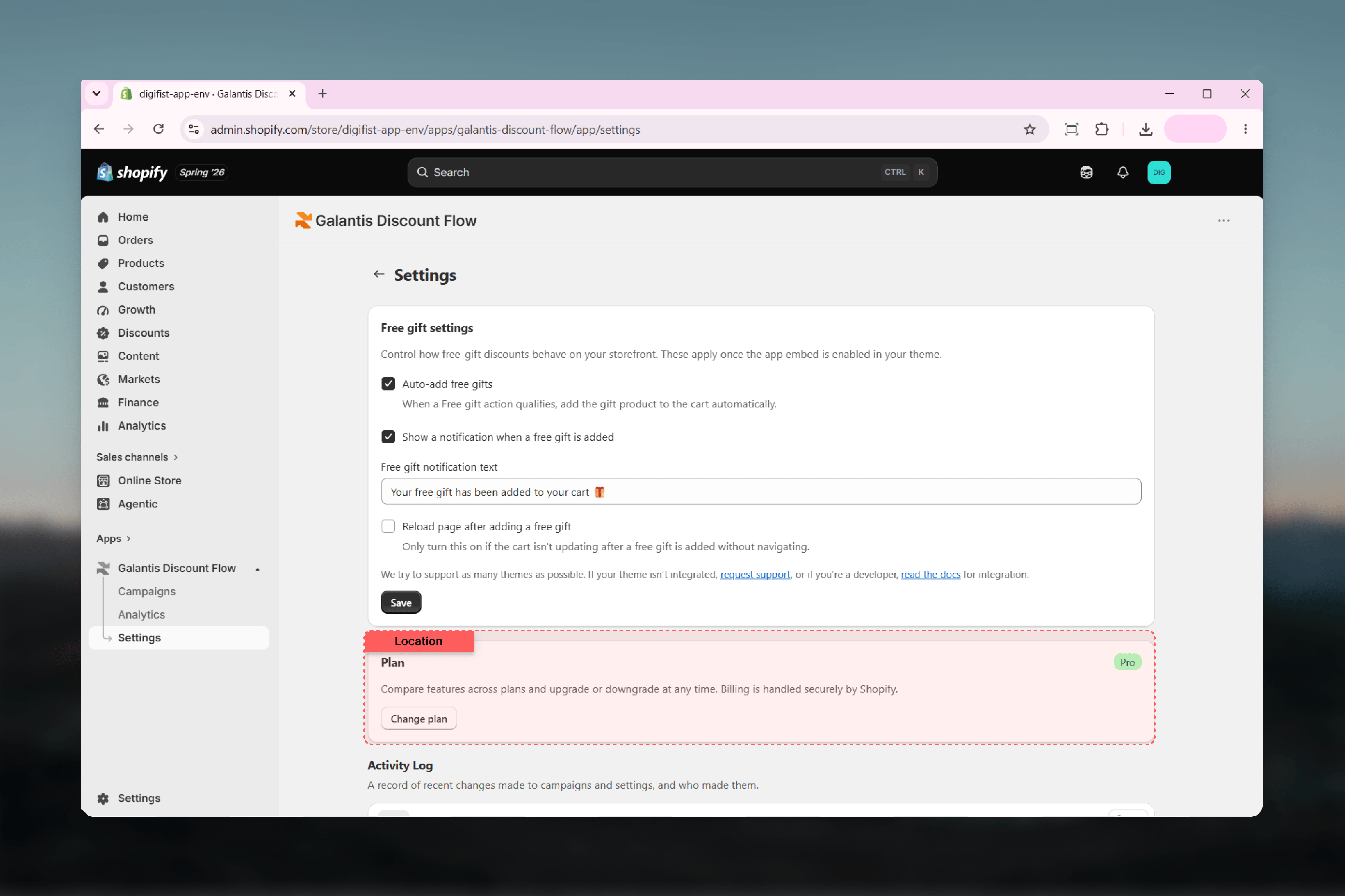 The Plan card in Galantis Discount Flow Settings showing the current plan and Change plan button