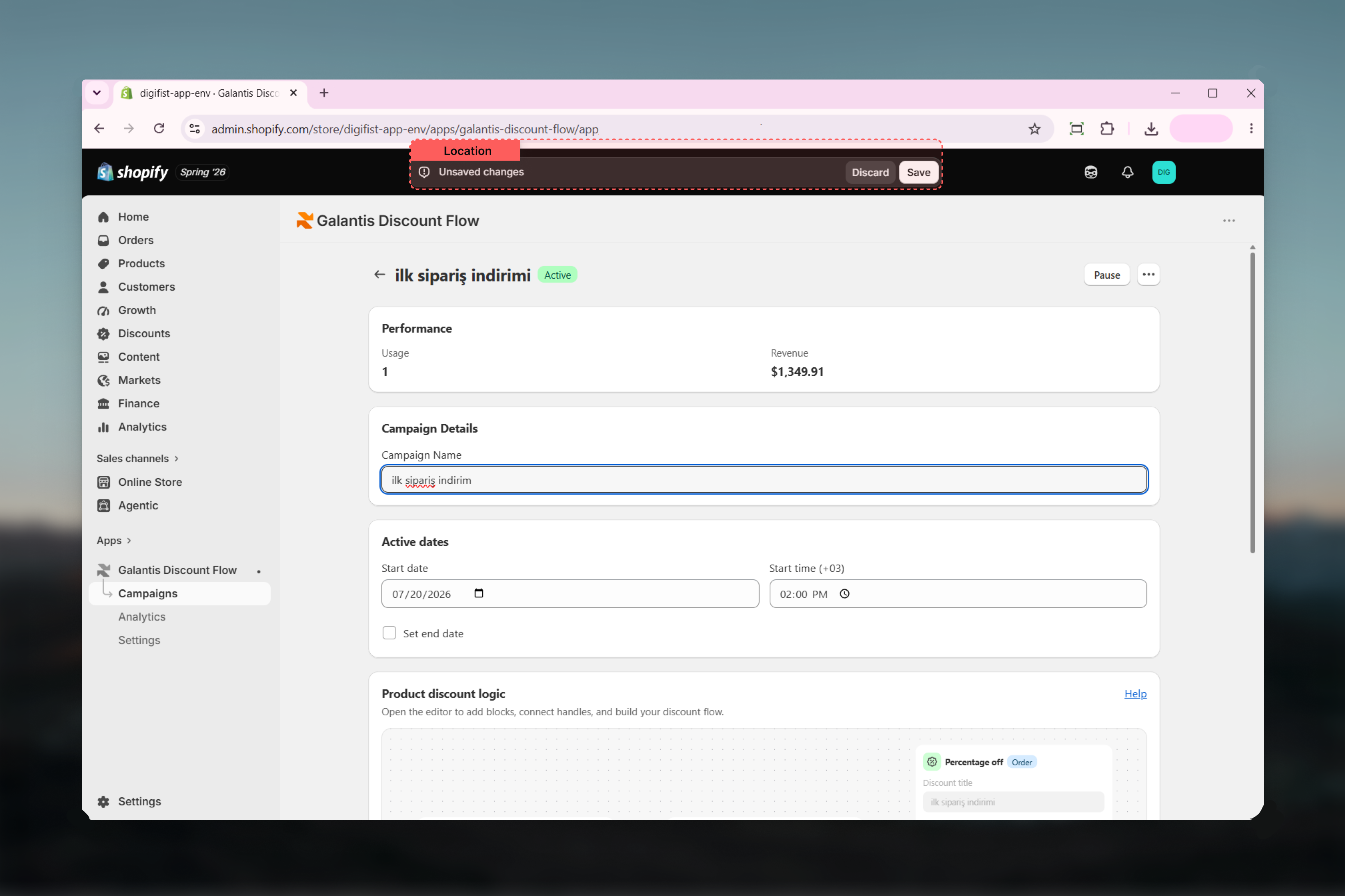 A campaign detail page with the save bar active
