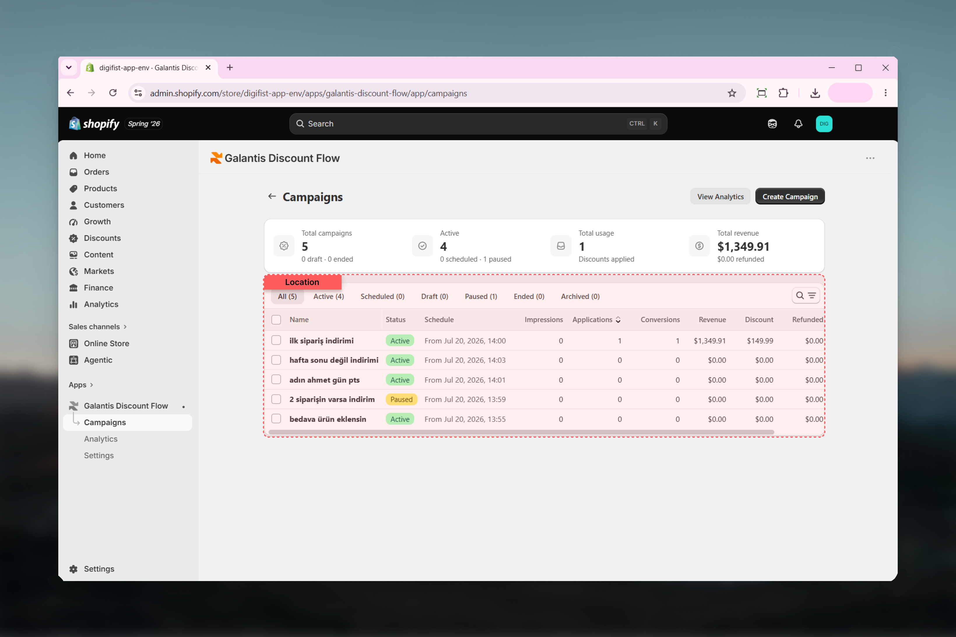 The Campaigns list with status tabs, summary bar, and performance columns