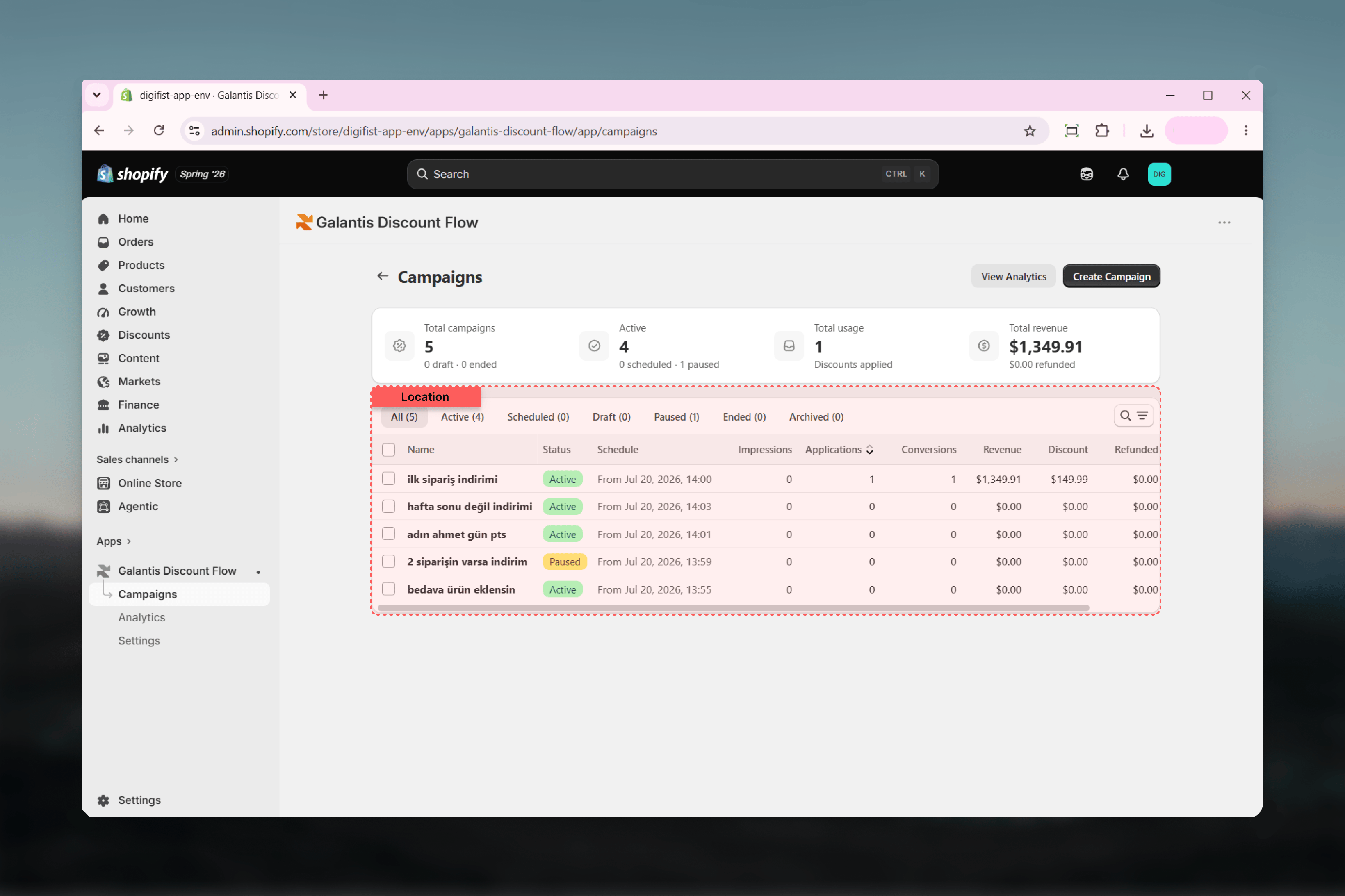 The Campaigns list with status tabs, summary bar, and performance columns