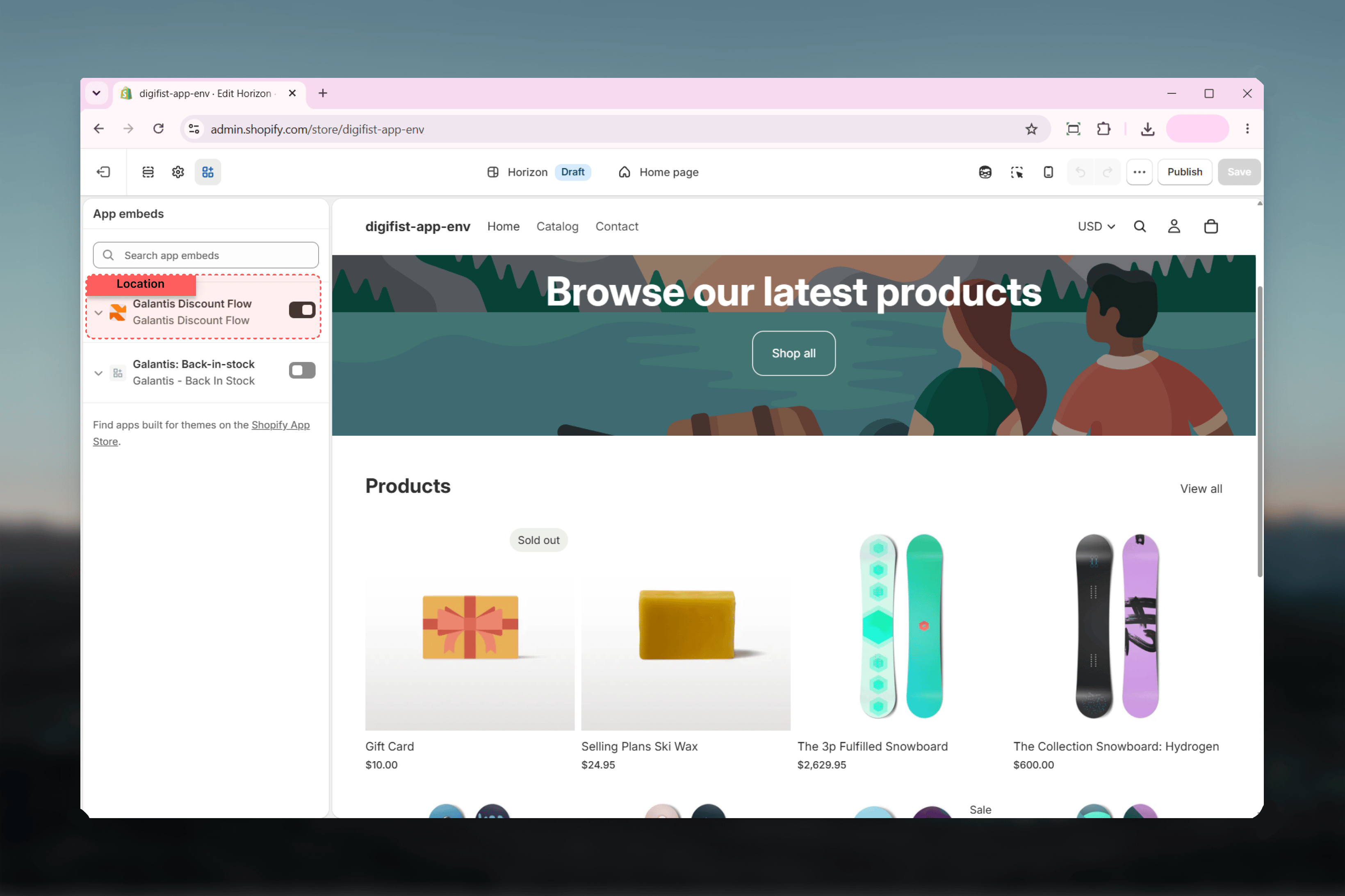 Galantis Discount Flow app embed settings in the Shopify theme editor