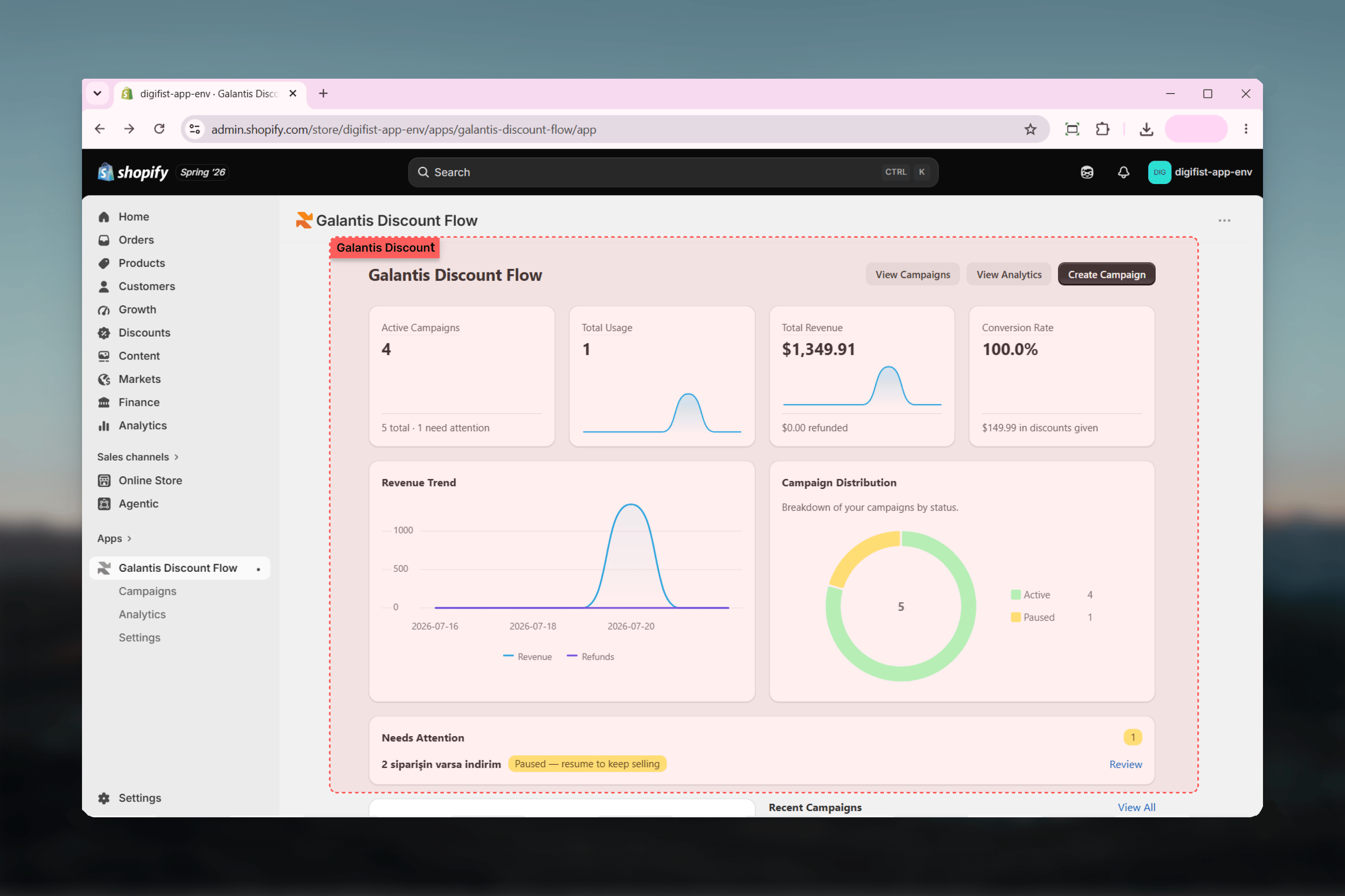 The Galantis Discount Flow dashboard after installation