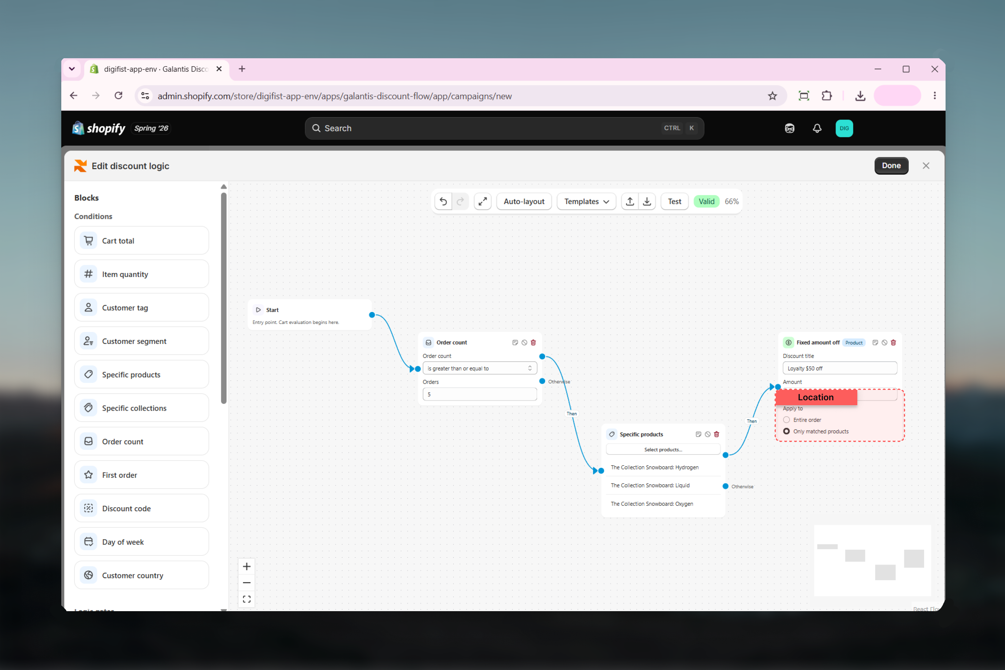 A Percentage off action selected on the canvas with its Discount title, Percentage, Max discount amount, and Apply to fields visible