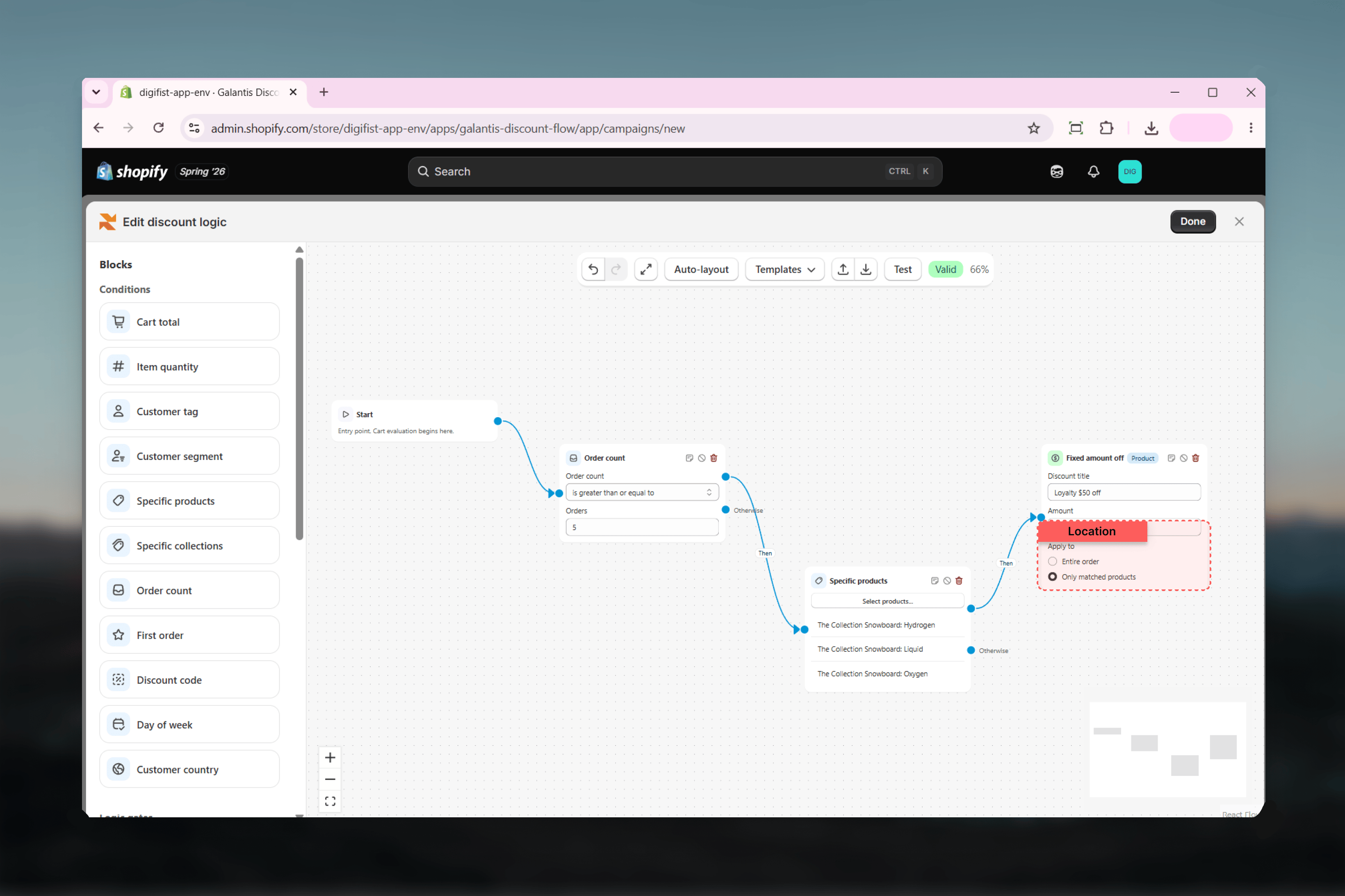 A Percentage off action selected on the canvas with its Discount title, Percentage, Max discount amount, and Apply to fields visible