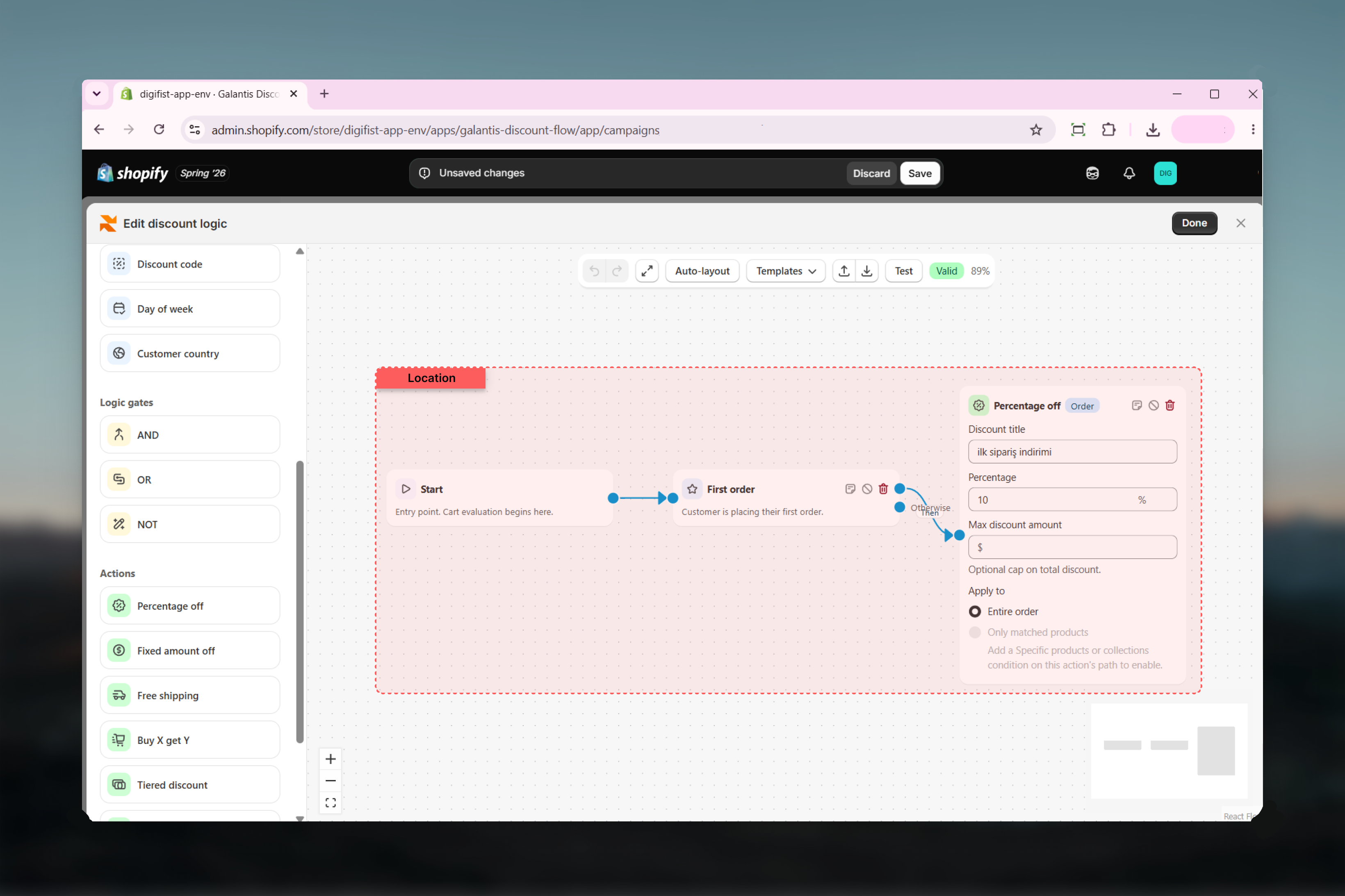 The Rule Builder canvas showing a flow from Start through conditions to an action, with the block palette on the left and toolbar at the top