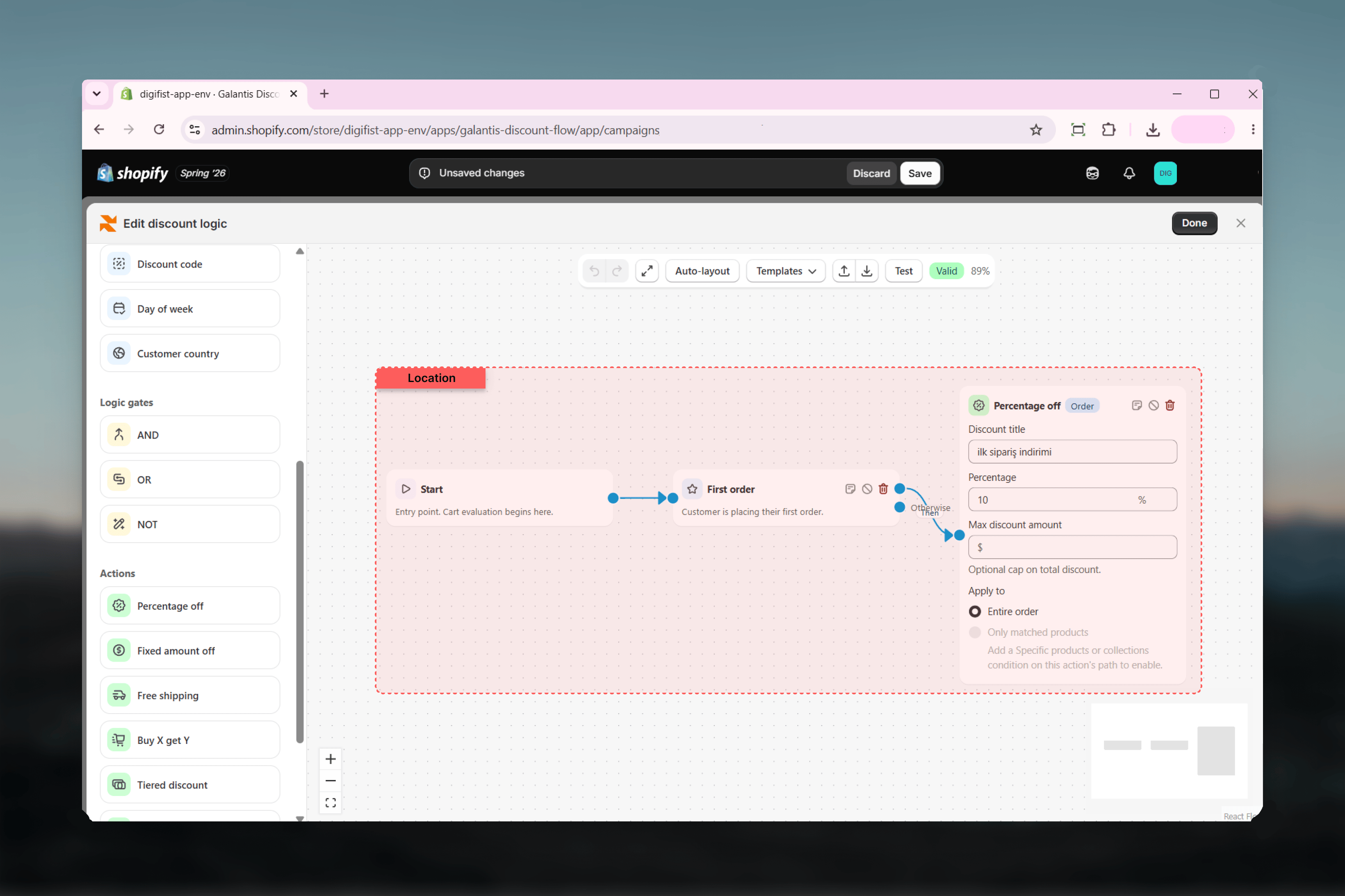The Rule Builder canvas showing a flow from Start through conditions to an action, with the block palette on the left and toolbar at the top