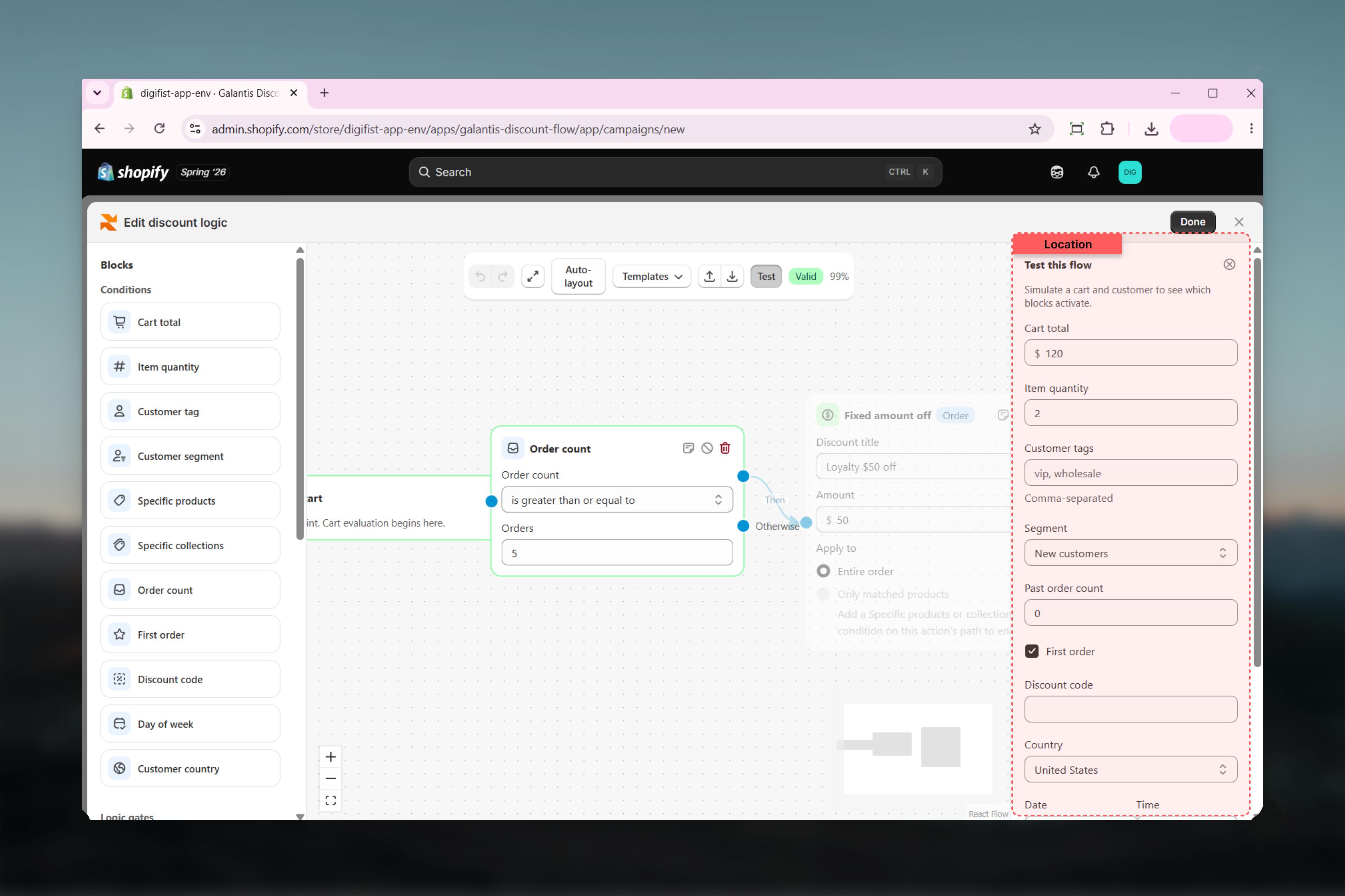 The Test this flow panel with simulated cart and customer inputs, and the active path highlighted on the canvas