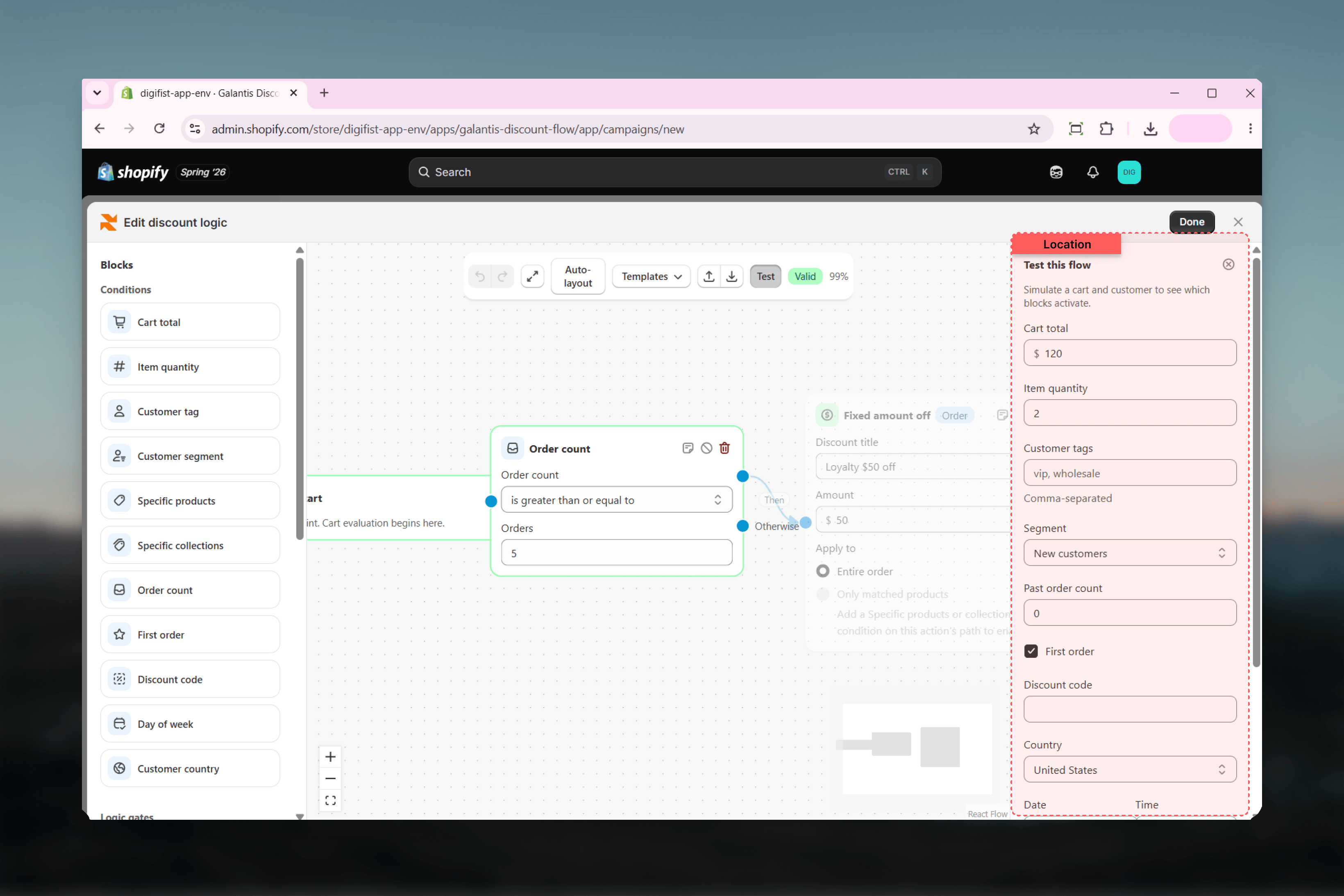 The Test this flow panel with simulated cart and customer inputs, and the active path highlighted on the canvas