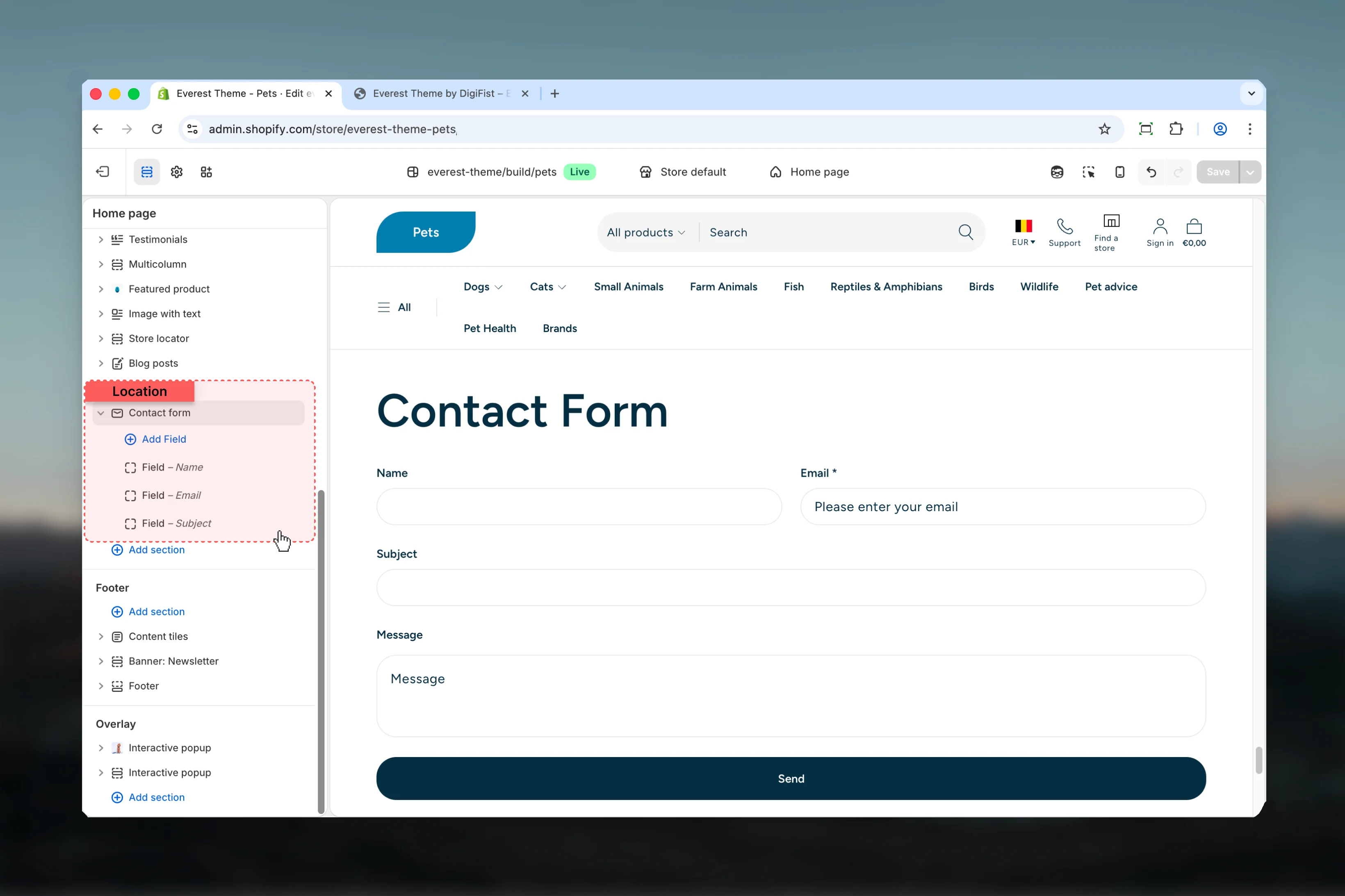 Contact Form location in Theme Customizer