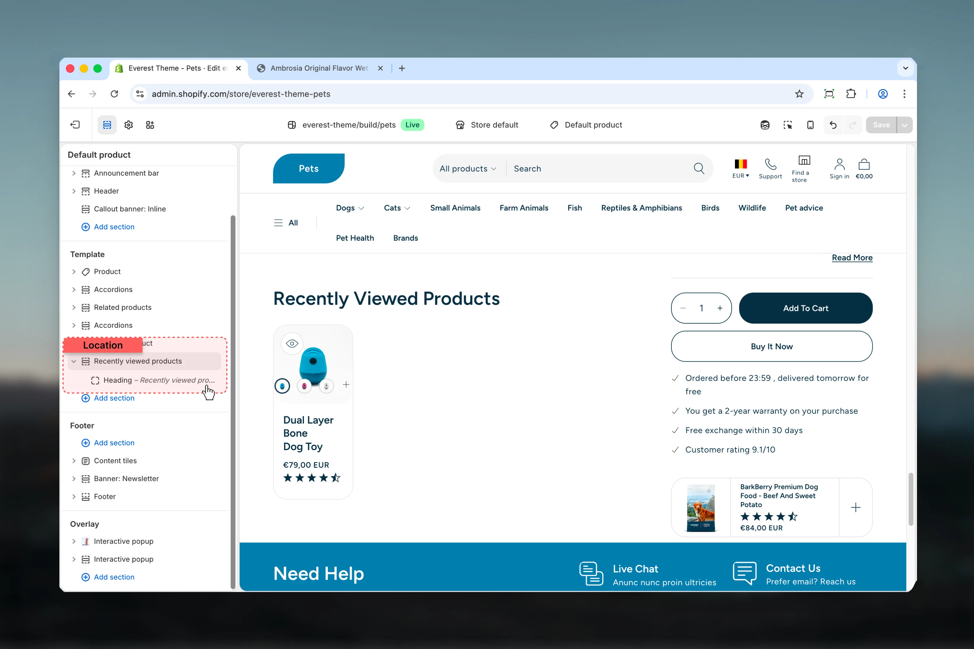 Recently Viewed Products location in Theme Customizer