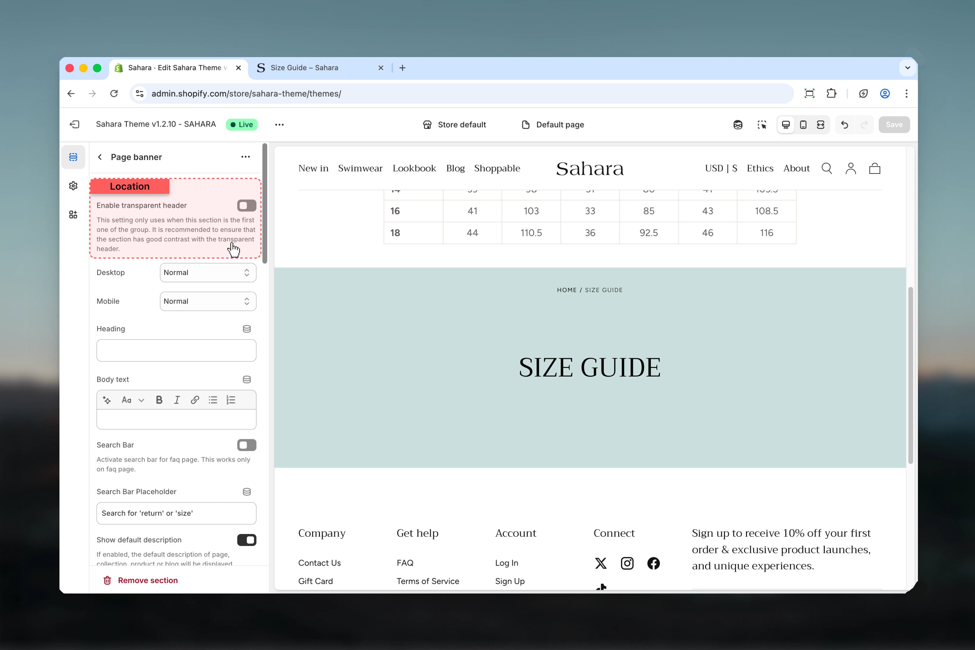 Transparent header option