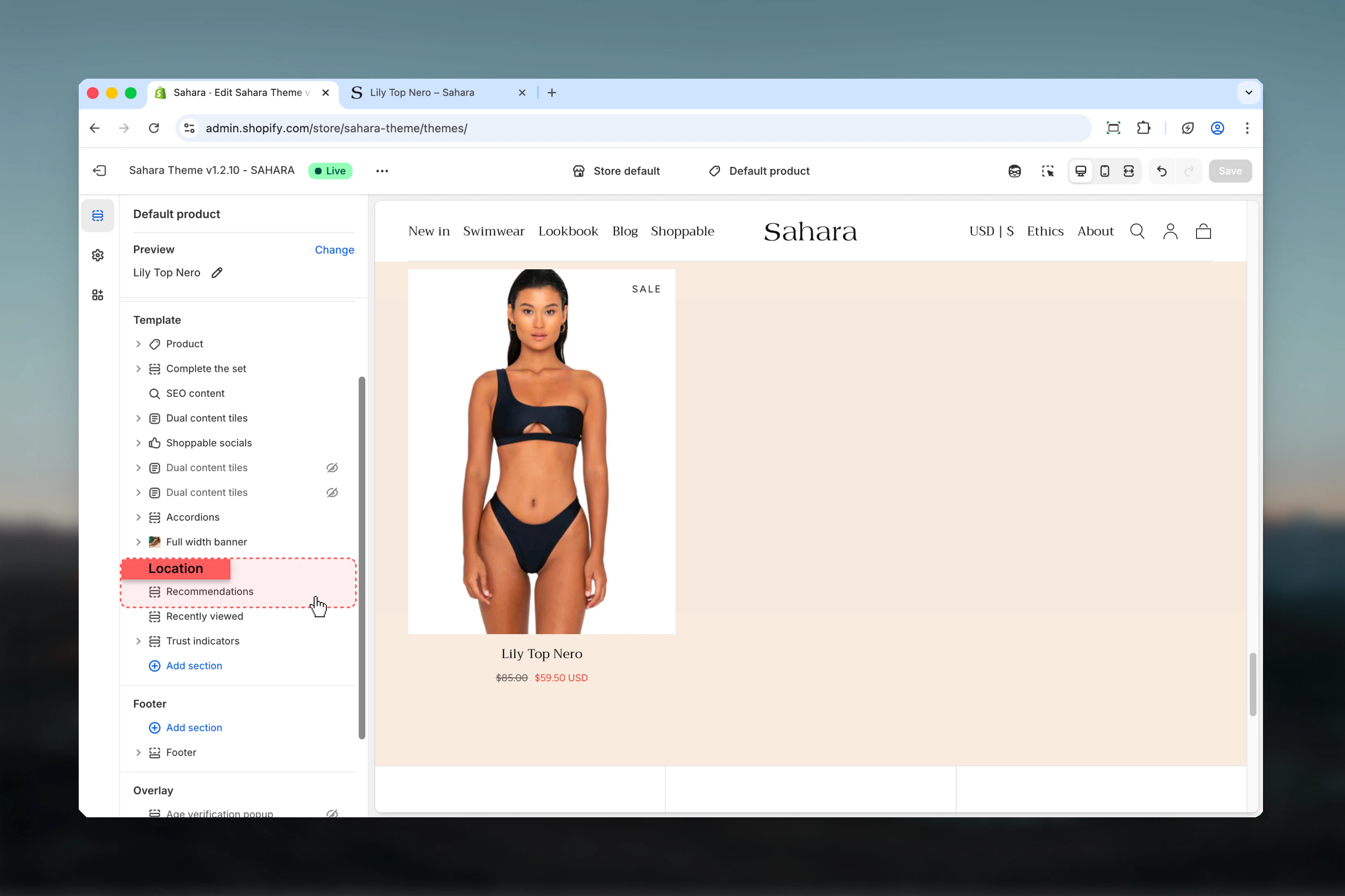 Product recommendations section in Theme Customizer