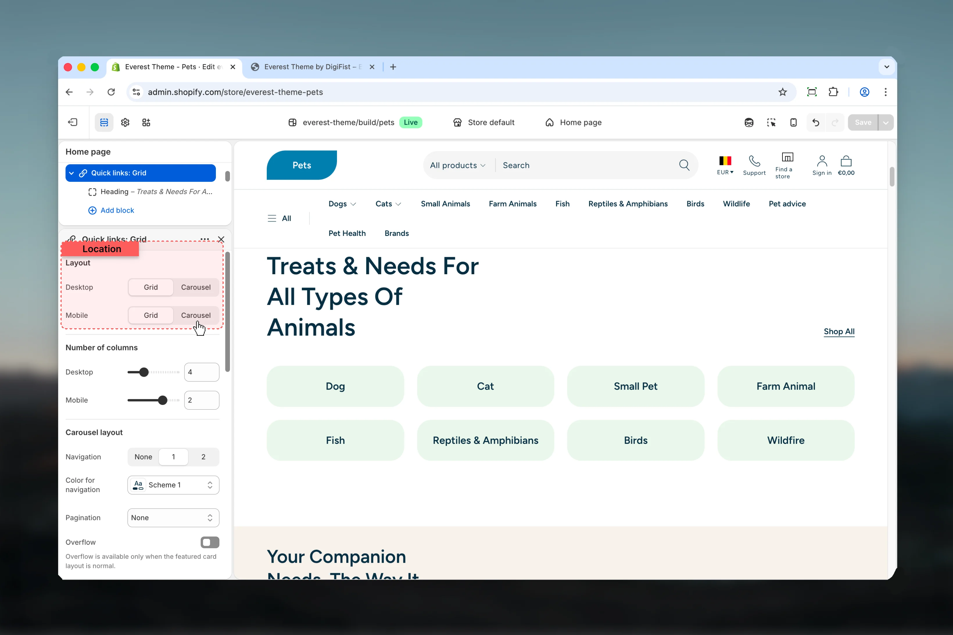 Quick Links Layout settings