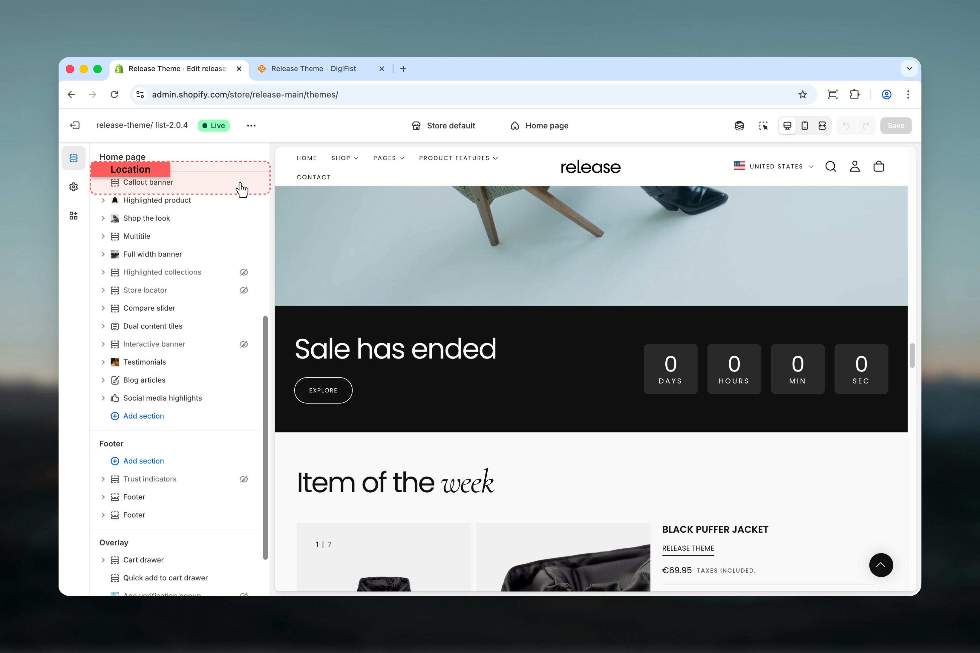 Callout Banner section in Theme Customizer