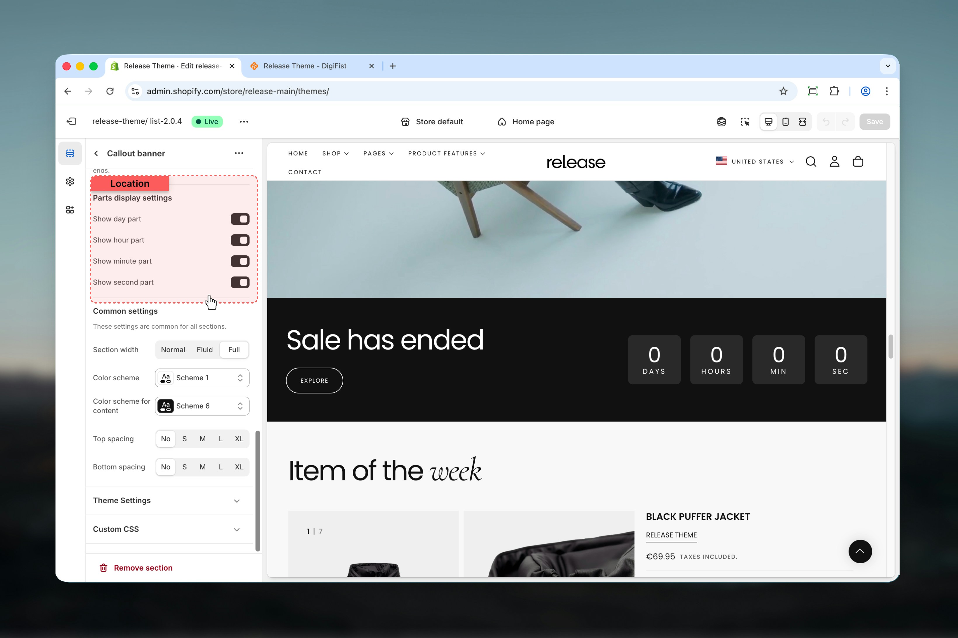 Timer parts display settings