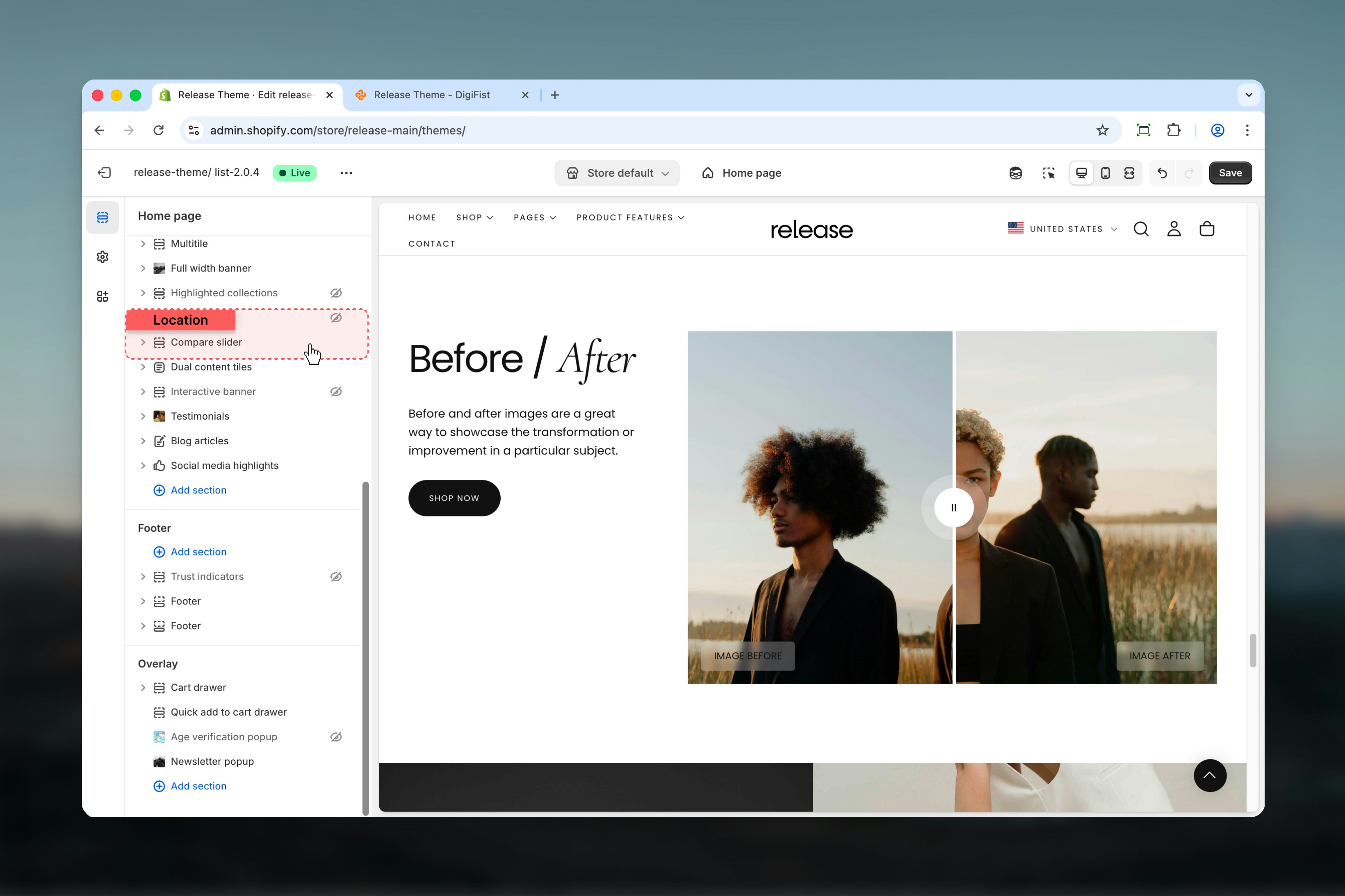 Compare Slider section in Theme Customizer