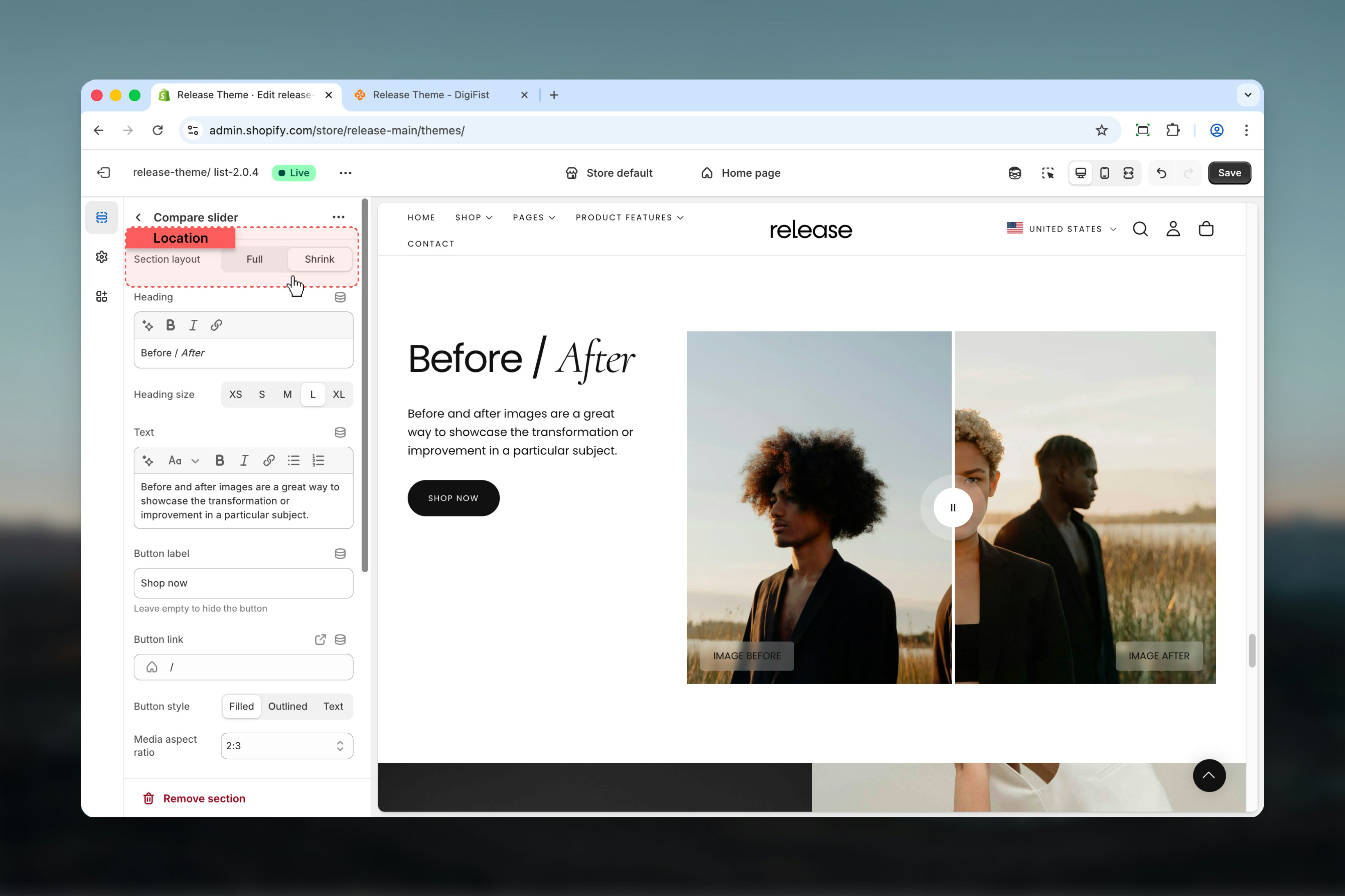 Section layout options
