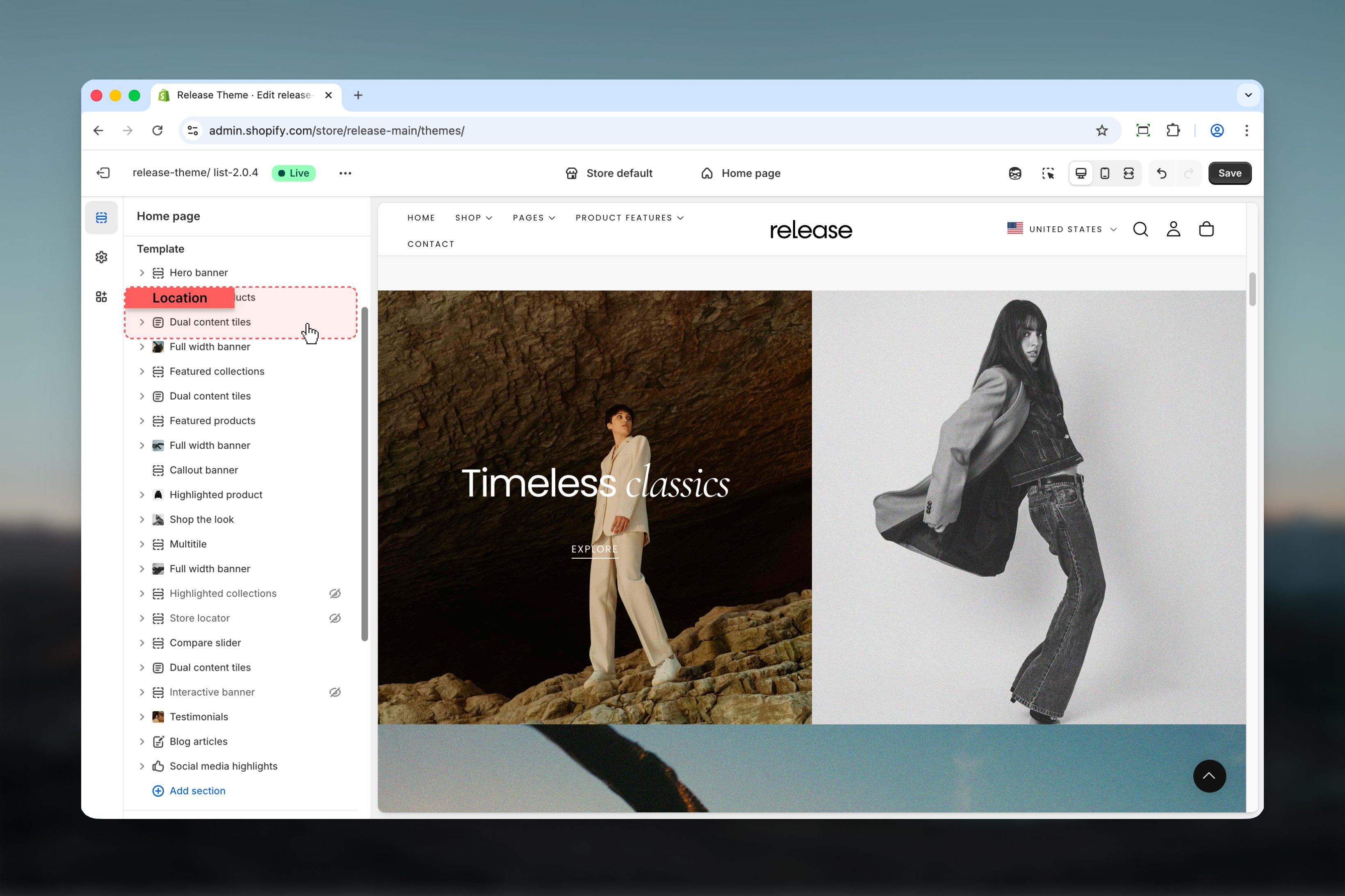 Dual Content Tiles section in Theme Customizer