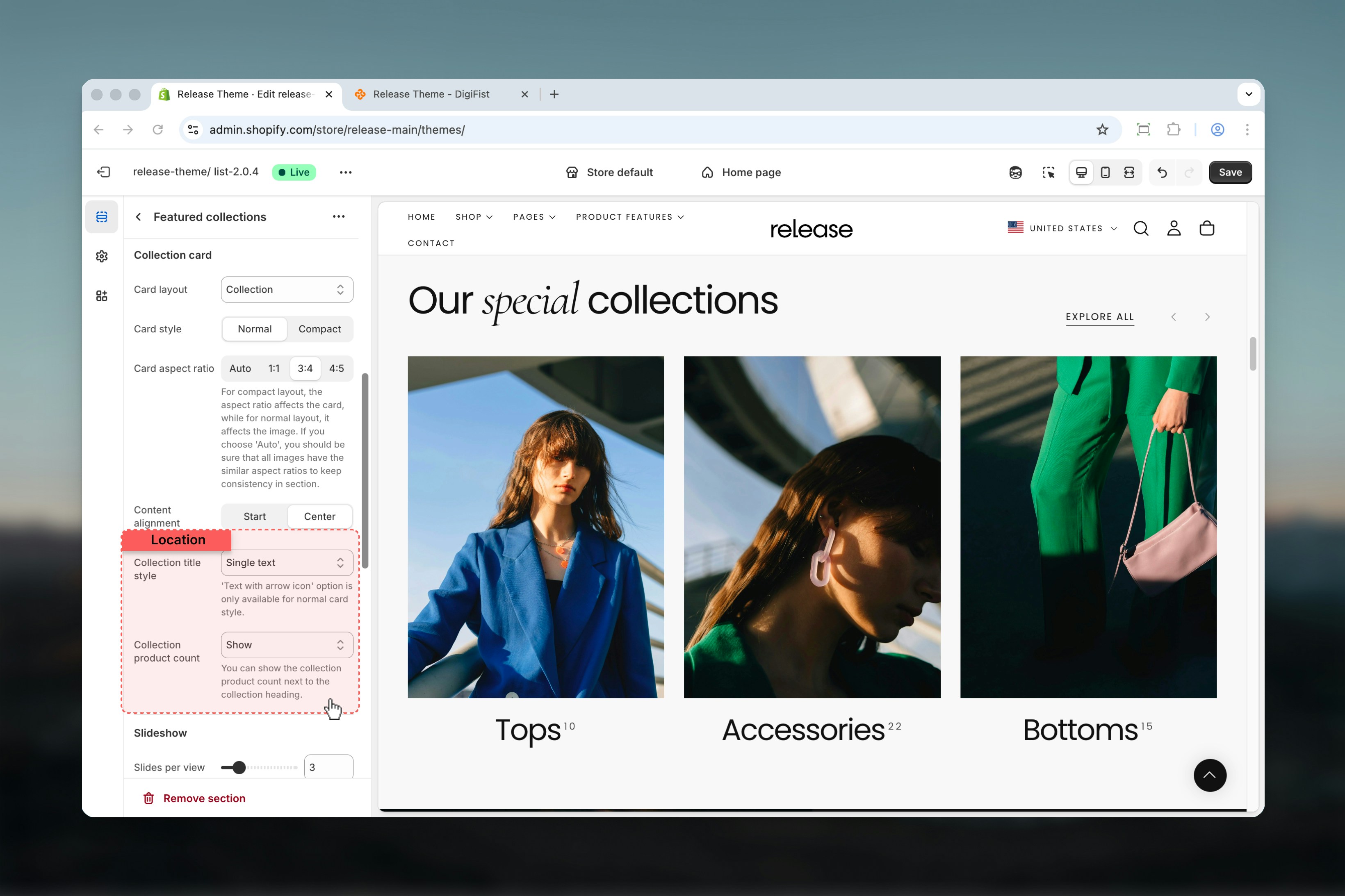 Collection card configuration settings