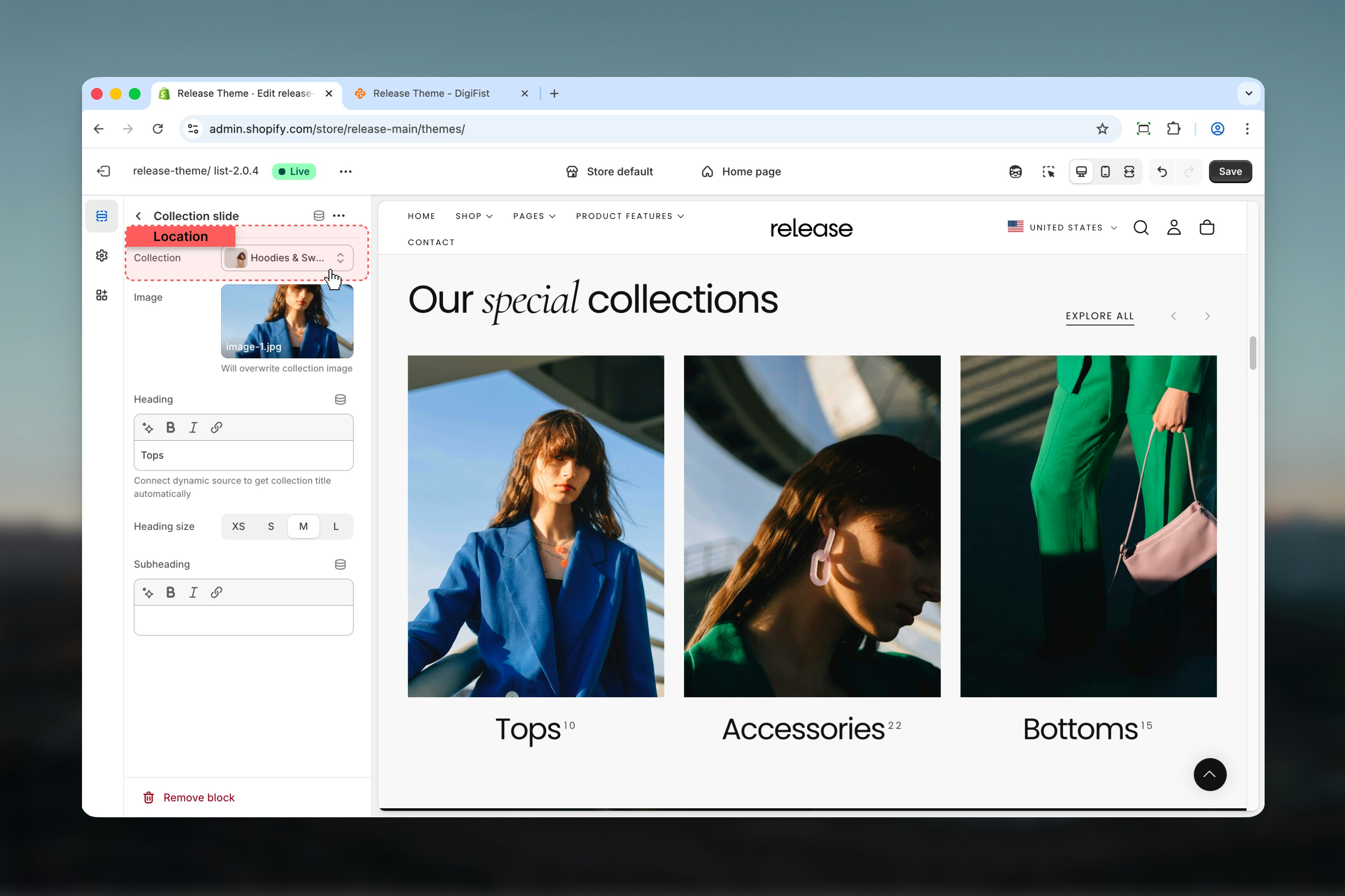 Collection selection in block settings
