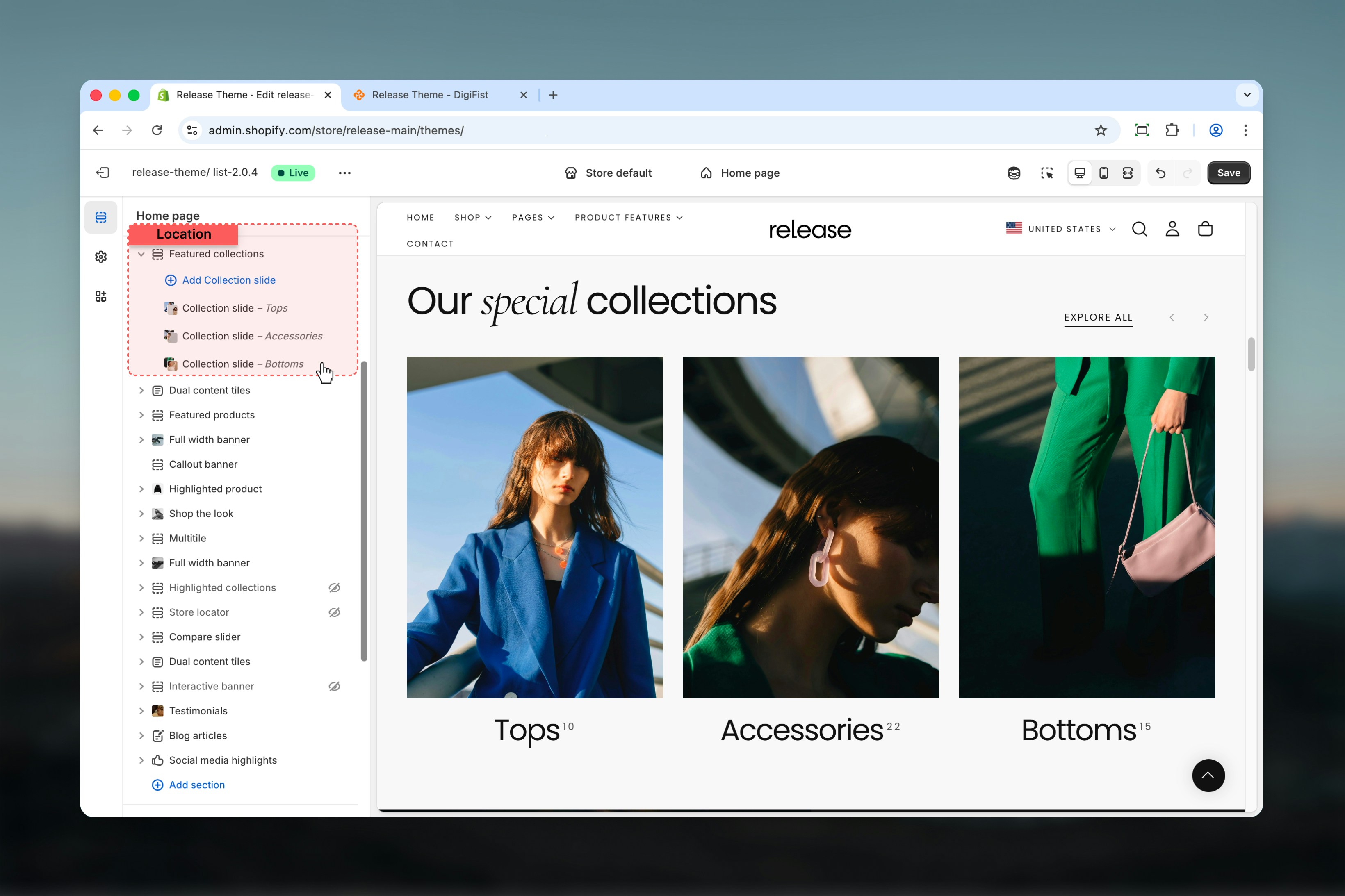 Featured Collections section in Theme Customizer