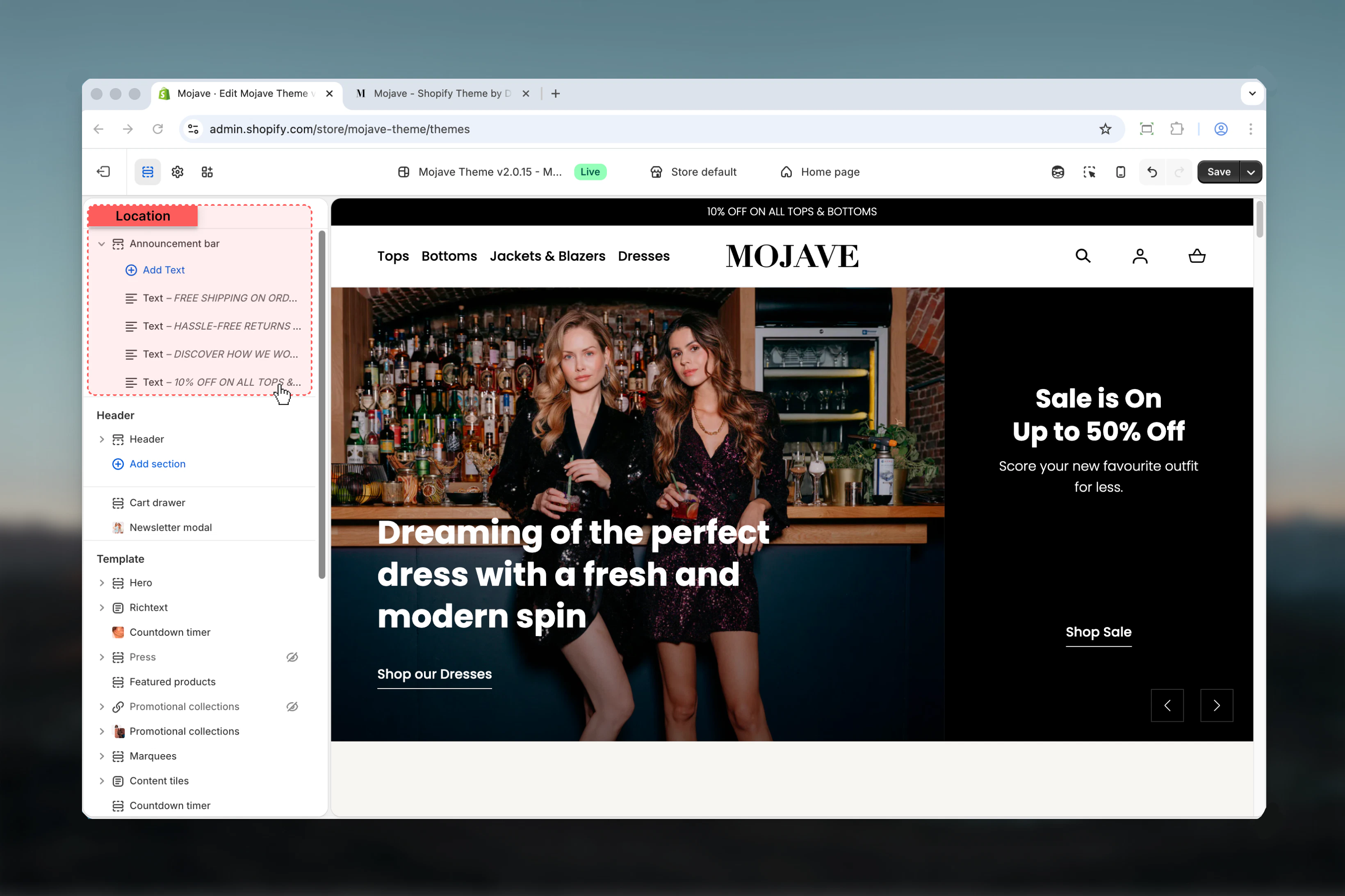 Announcement bar location in Theme Customizer
