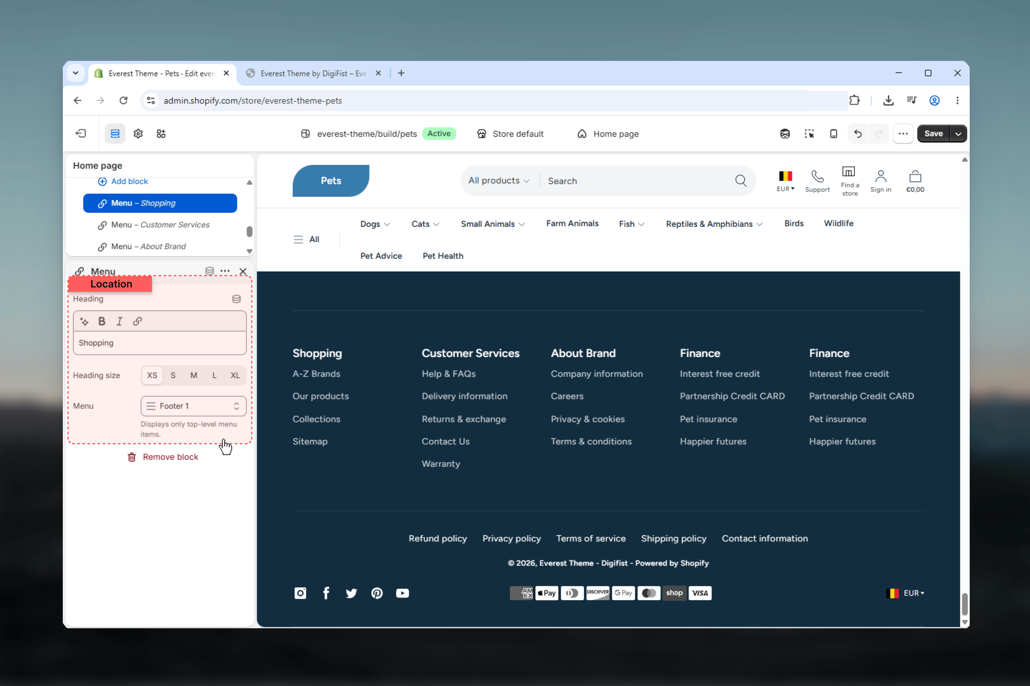 Footer Link List settings