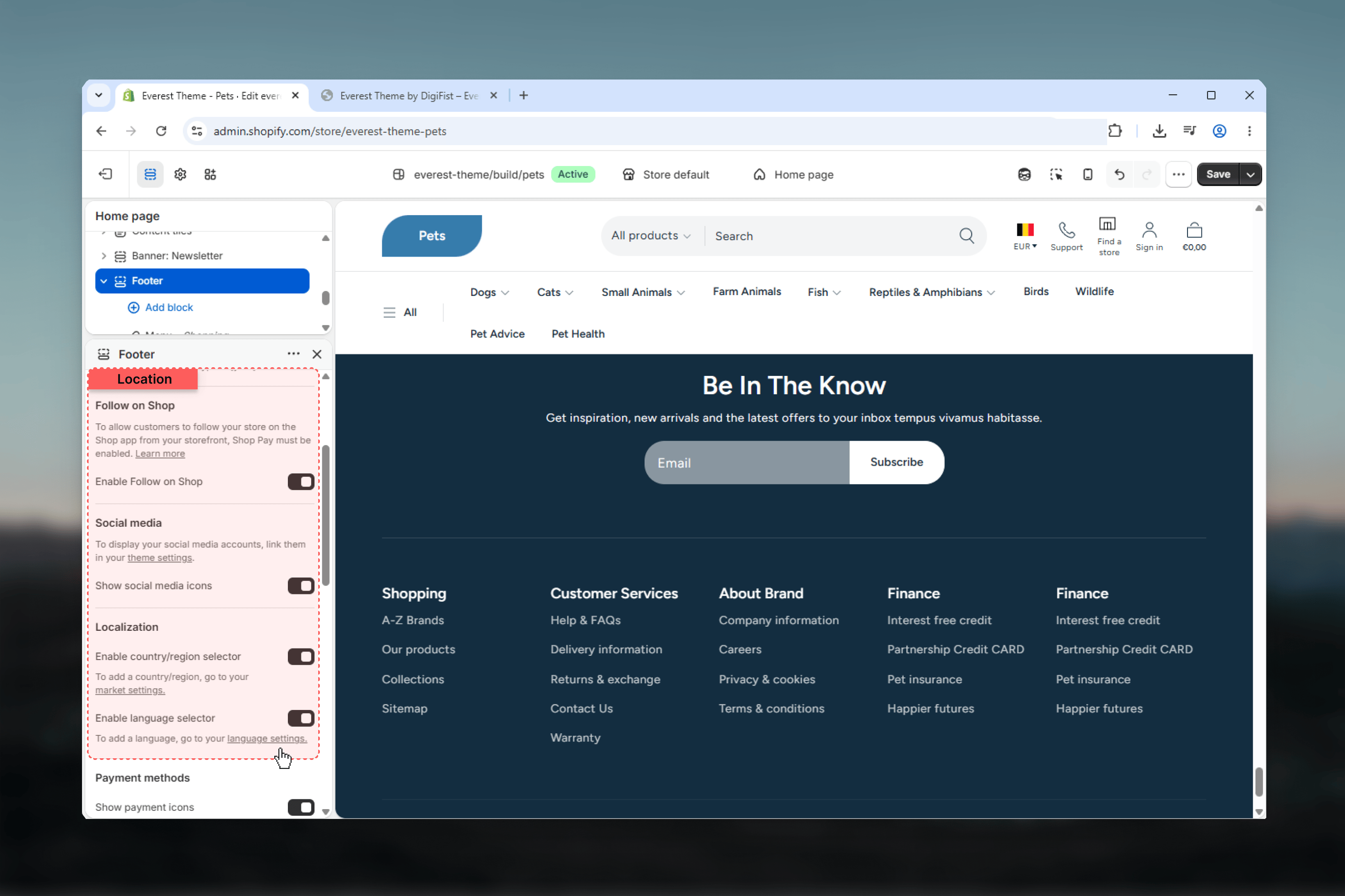 Footer Utility Features settings