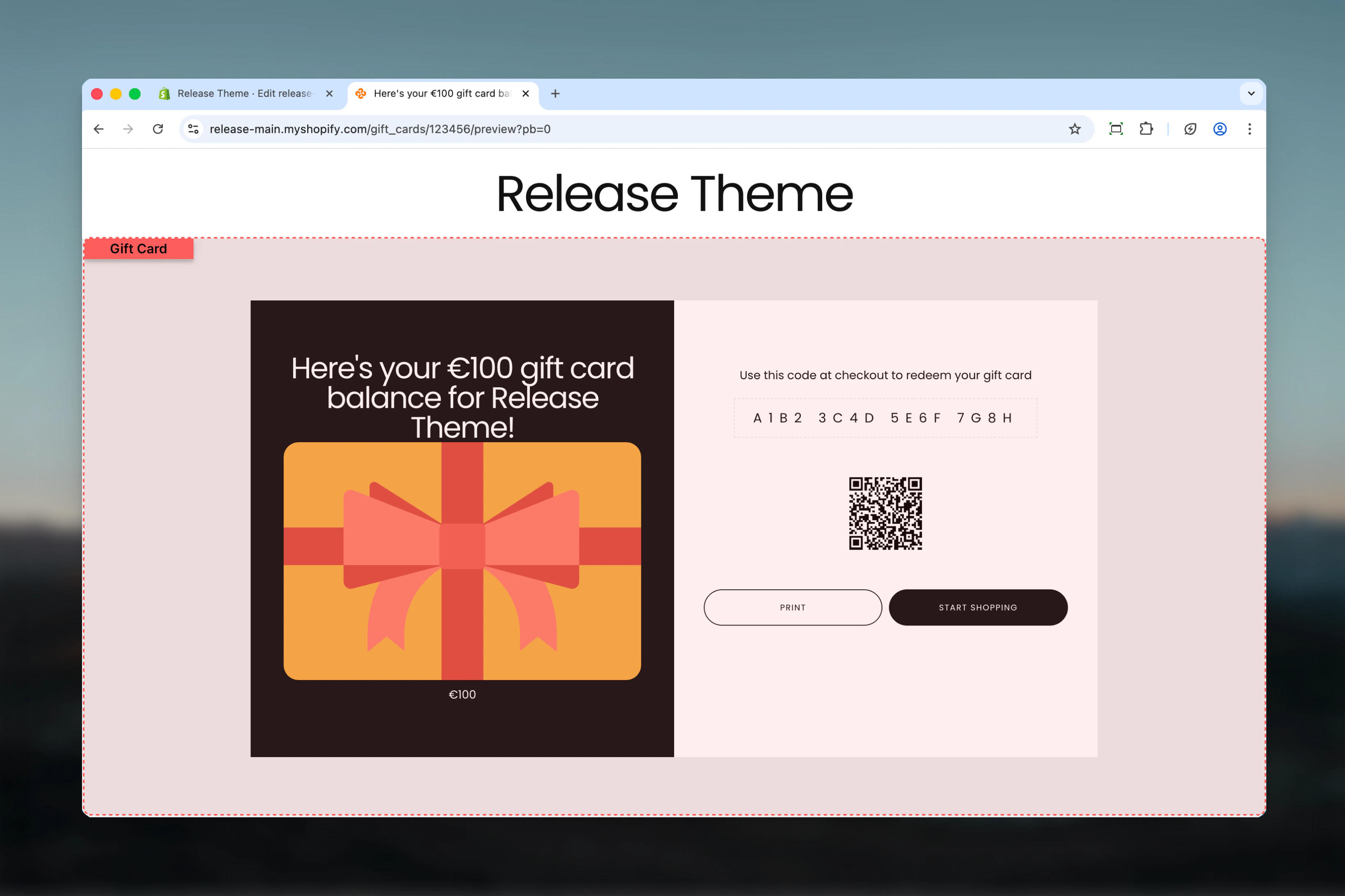 Gift card page overview
