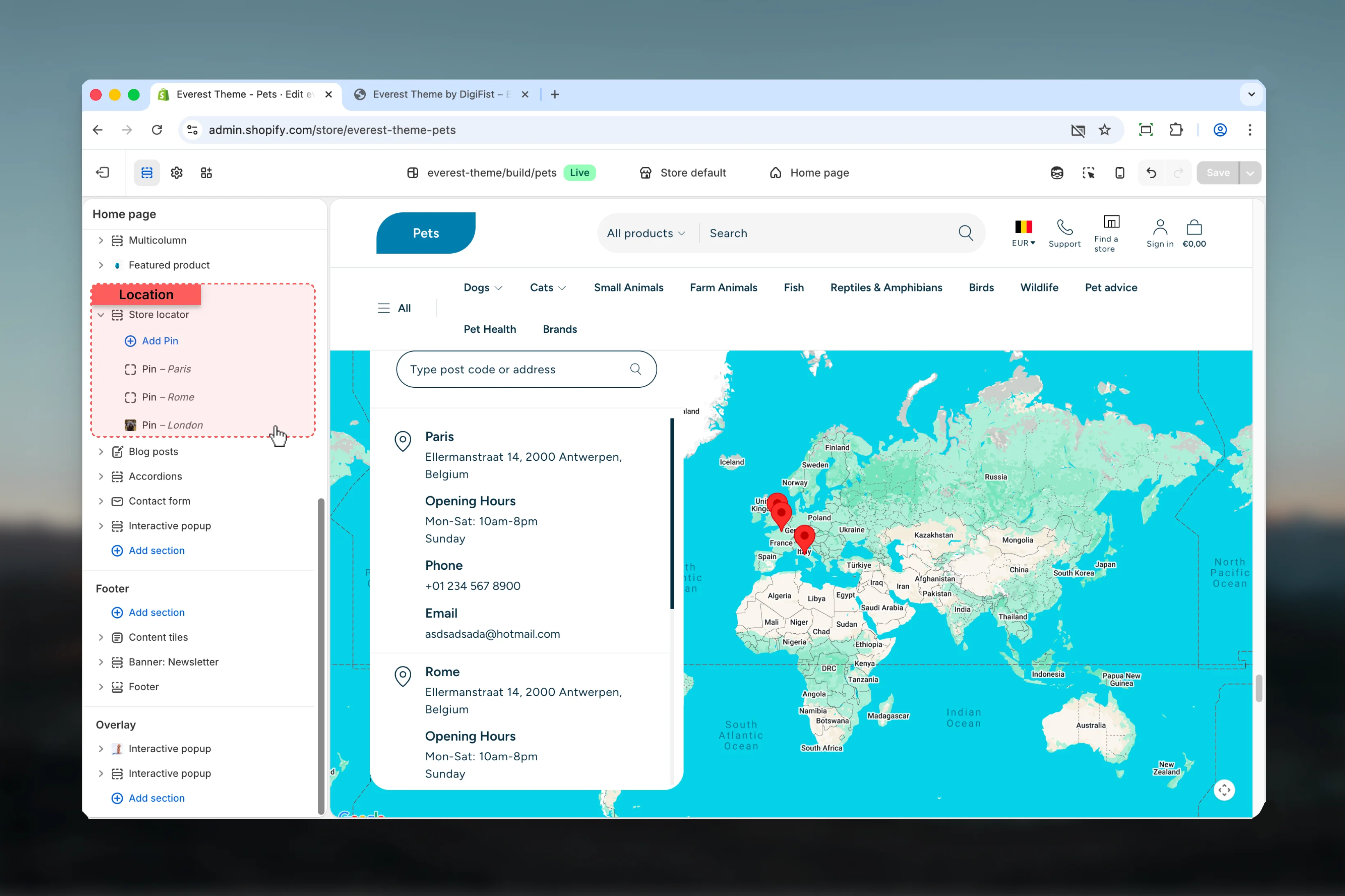 Store Locator location in Theme Customizer