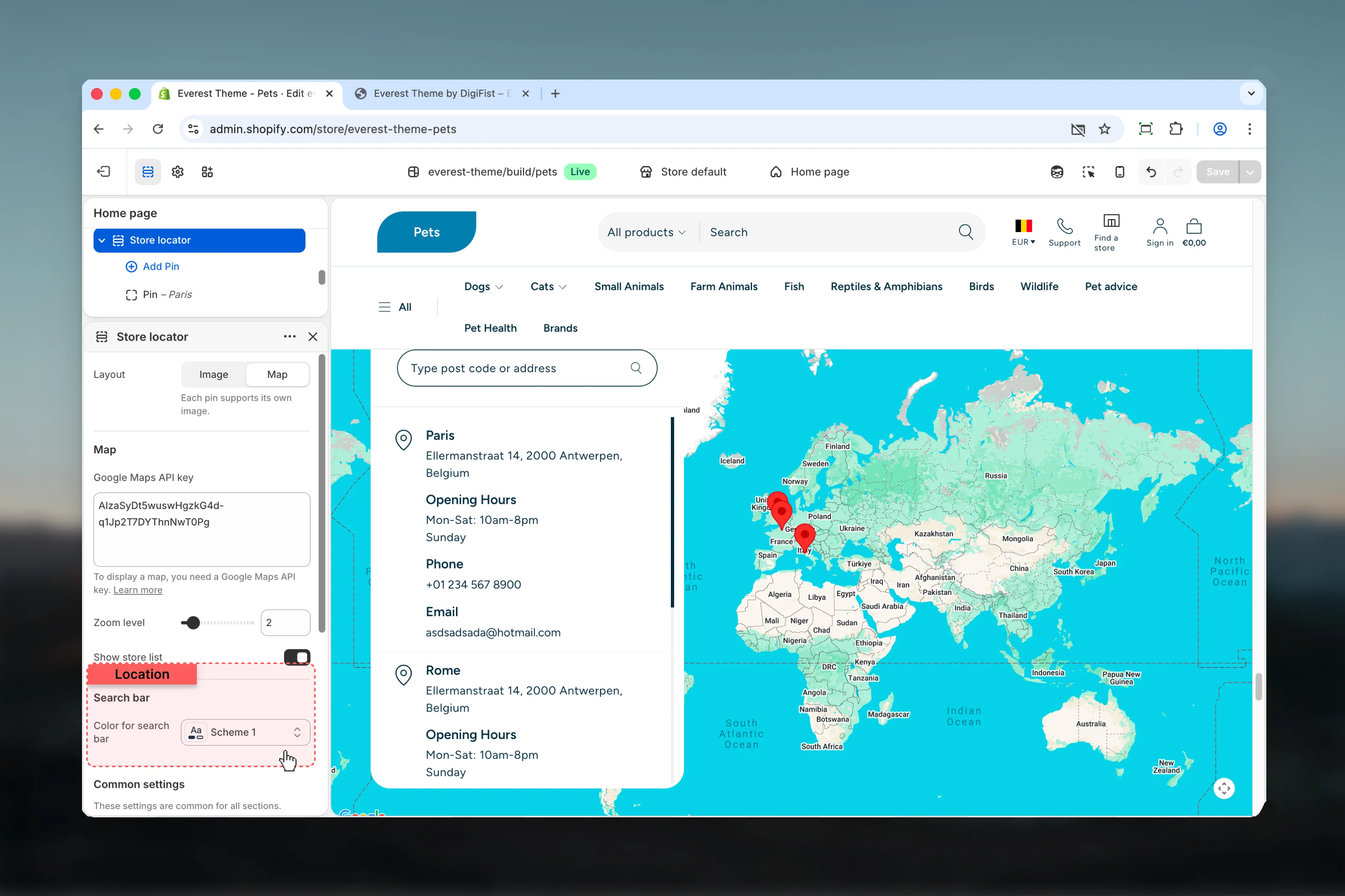Store Locator Search bar settings