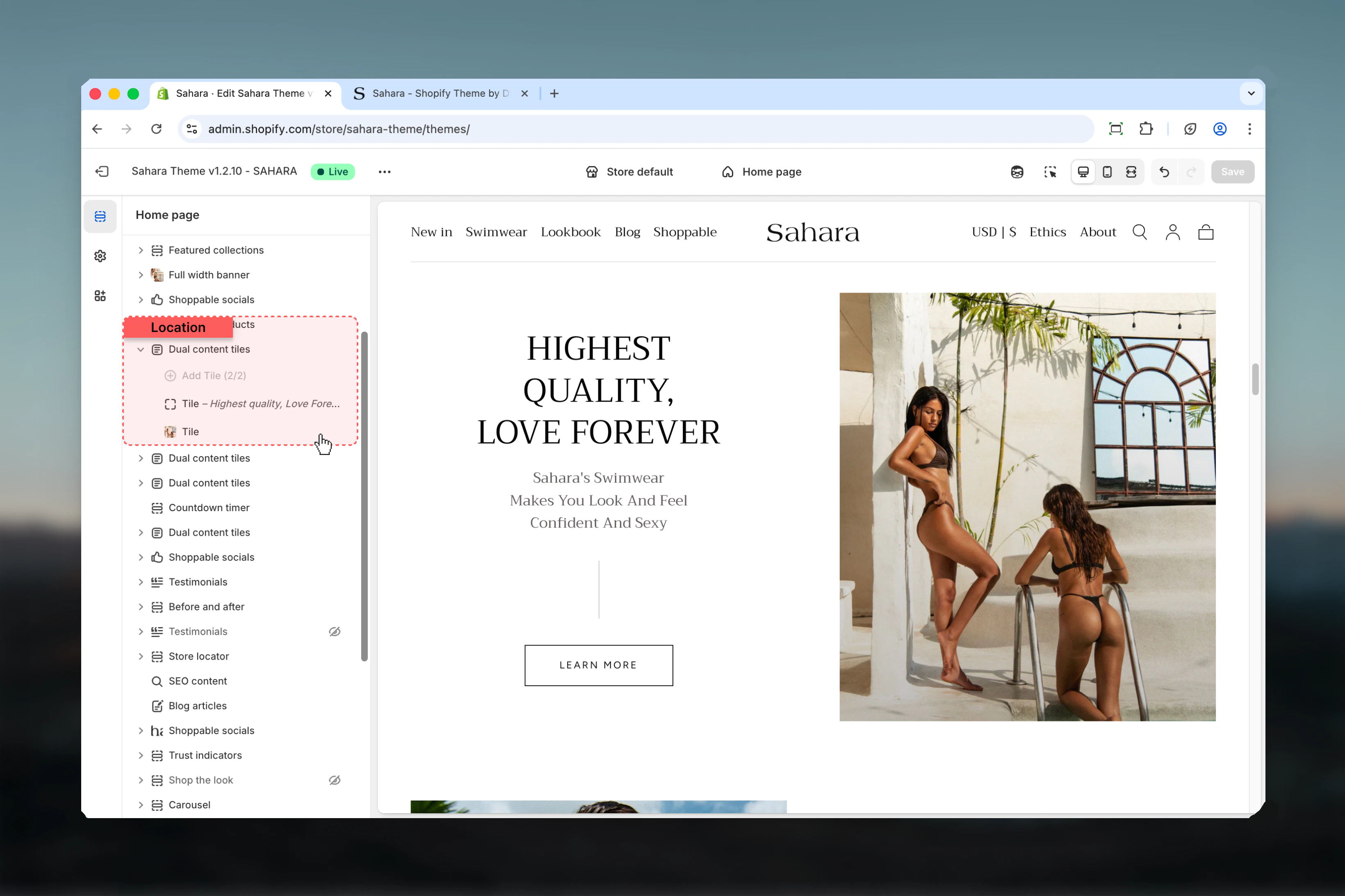 Dual tiles section in Theme Customizer