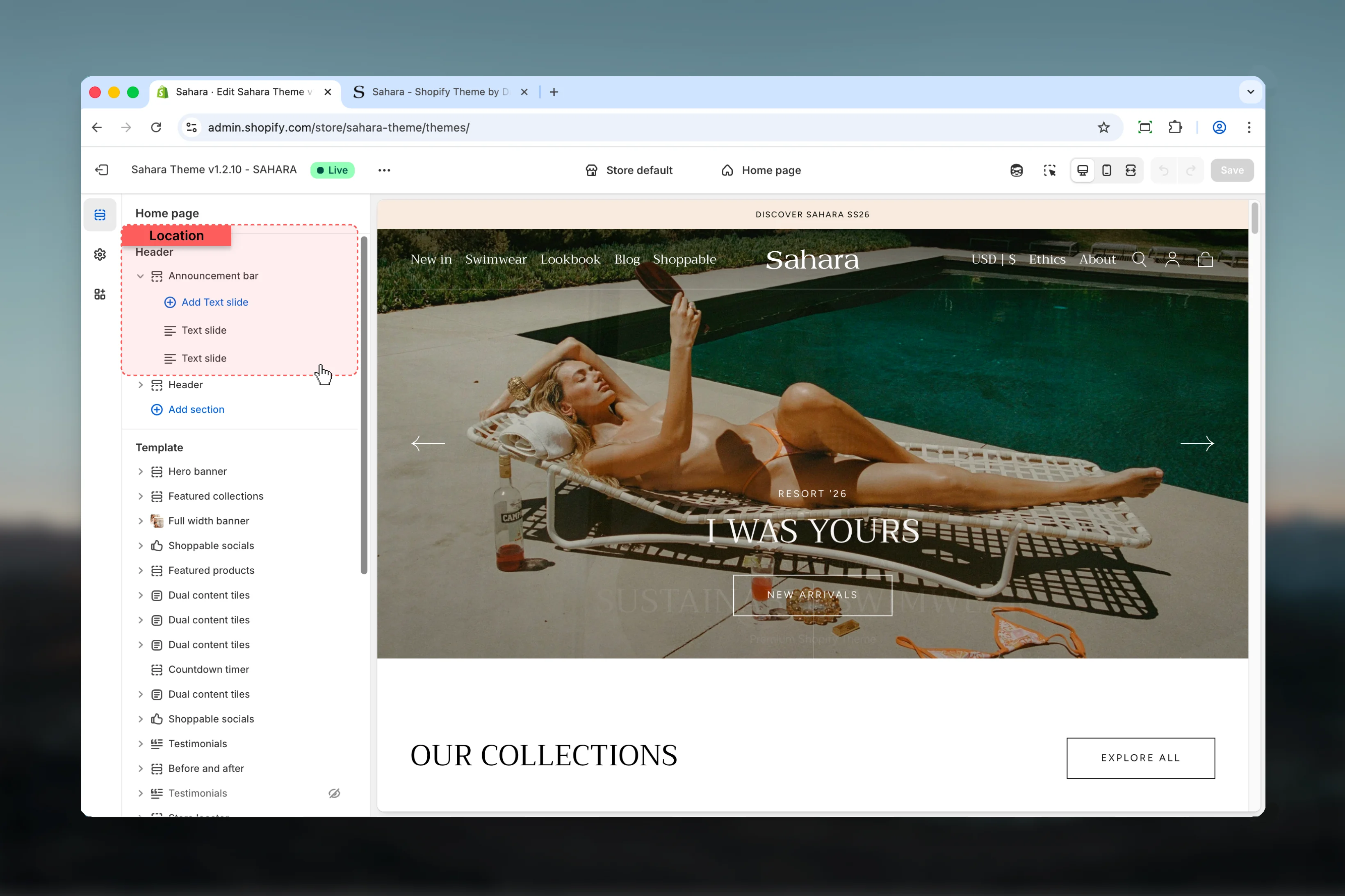 Announcement bar location in Theme Customizer