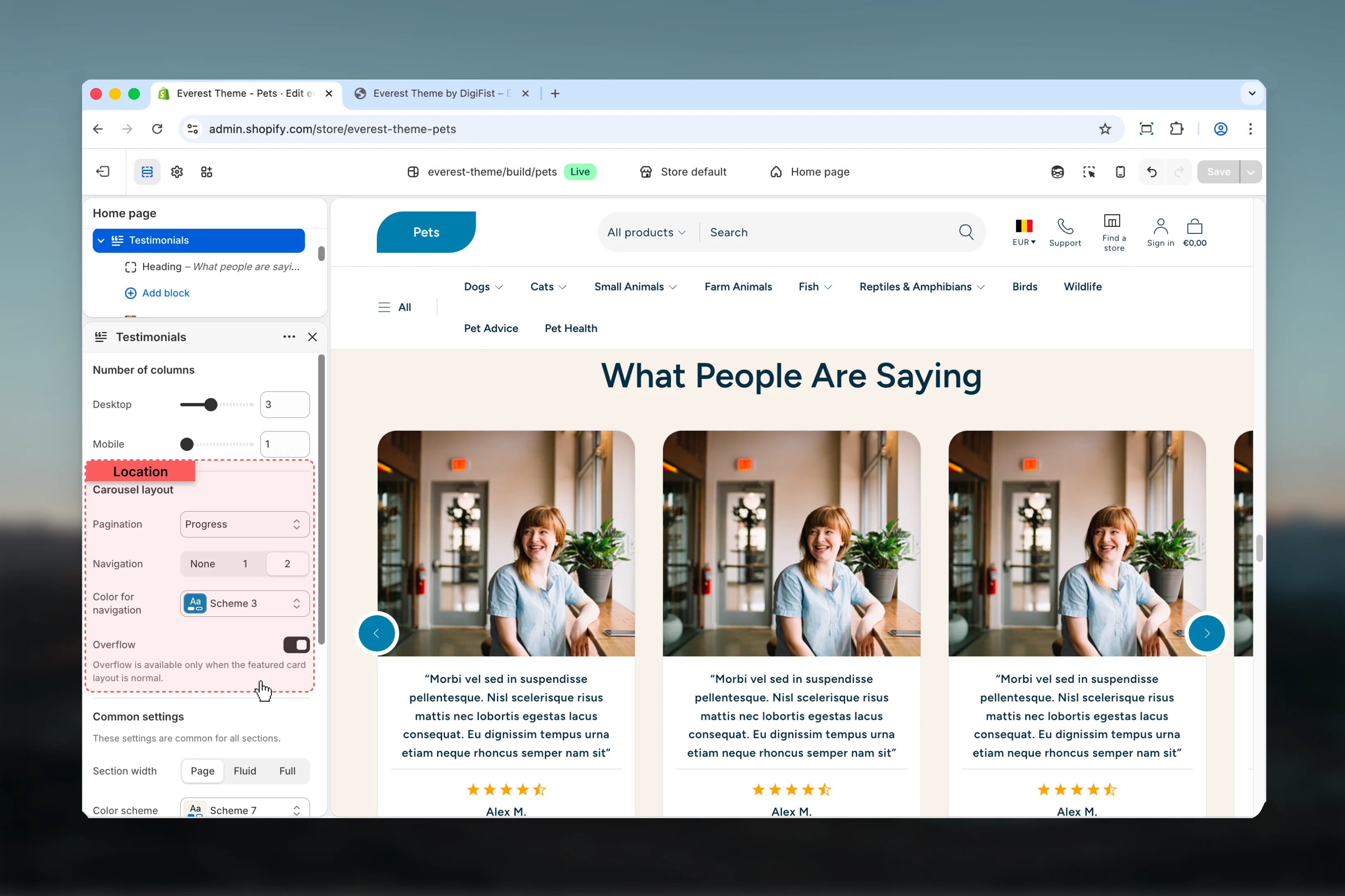 Testimonials Carousel layout settings