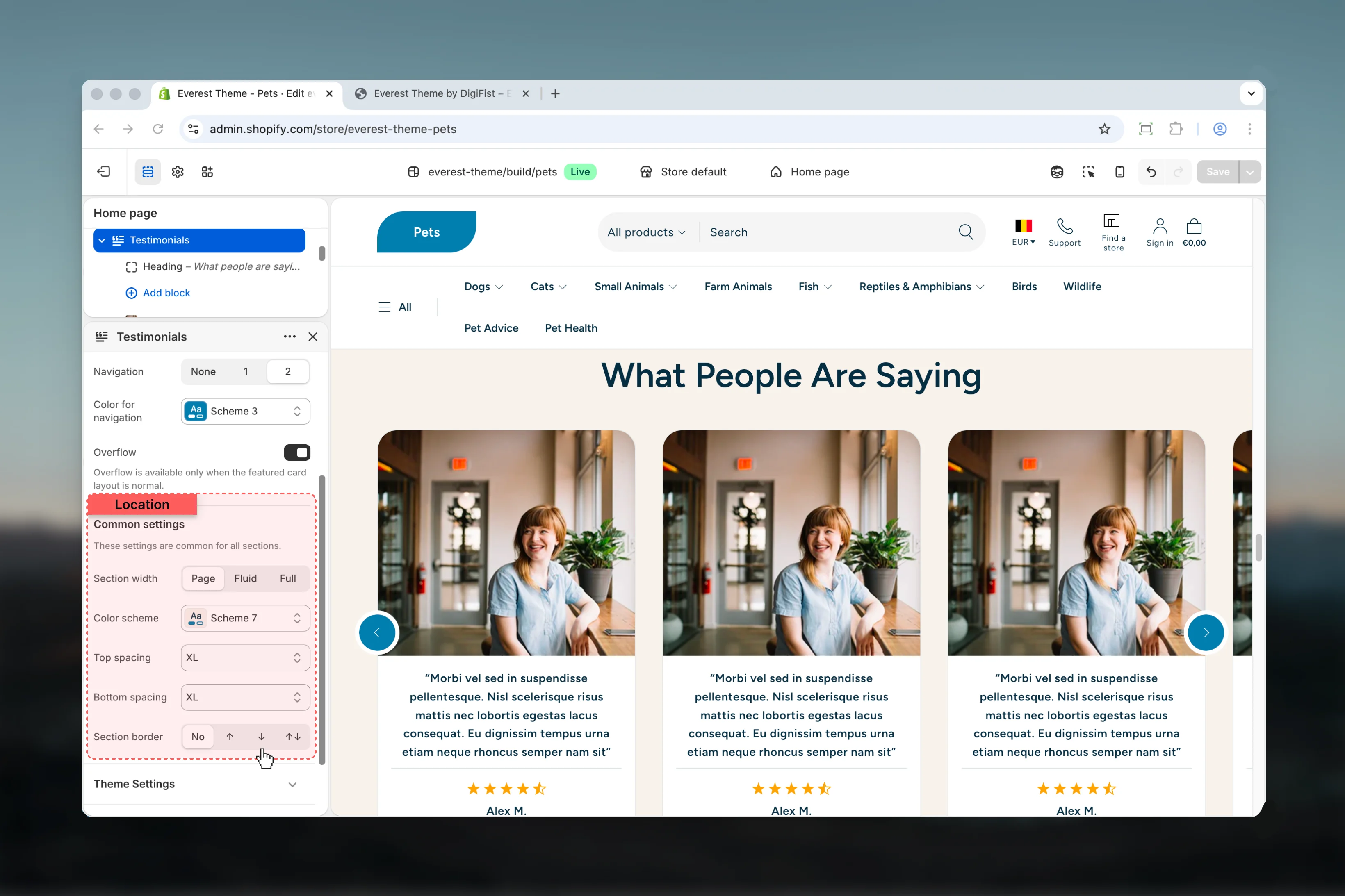 Testimonials Common settings