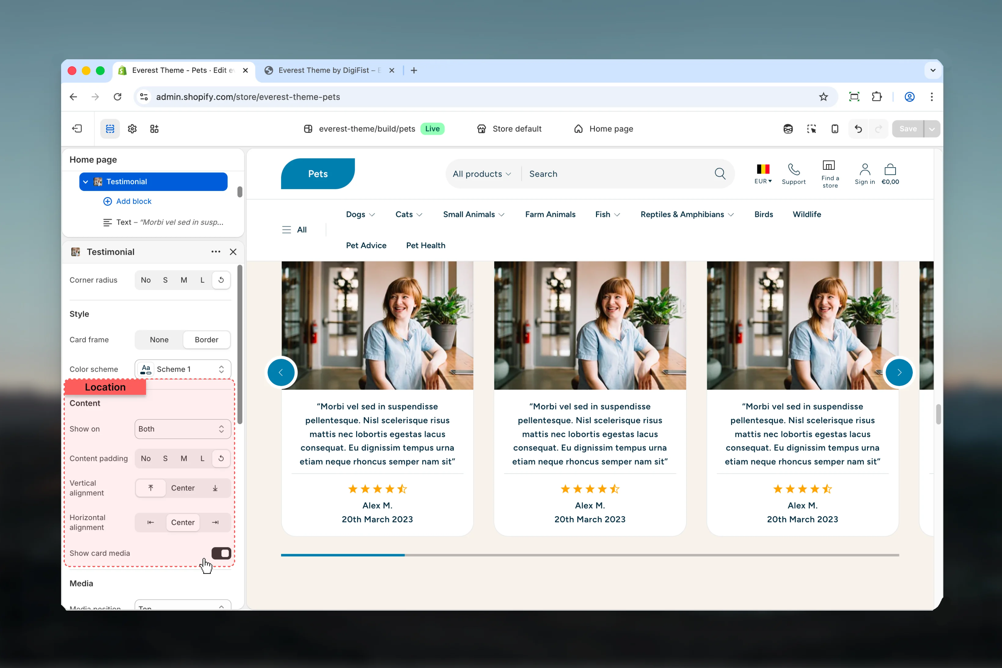 Testimonials Content settings